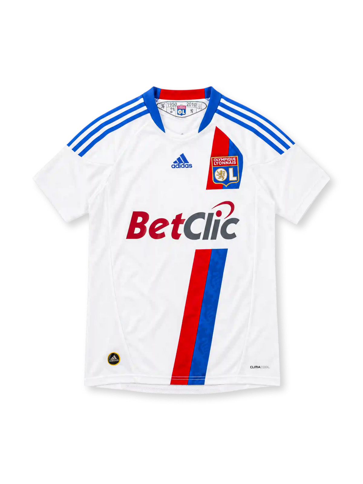 Olympique Lyonnais 2010/11 white adidas home jersey with blue shoulder stripes, red and blue diagonal accents, OL crest, Betclic sponsor, commemorative 1950–2010 neckline detail, and ClimaCool branding.