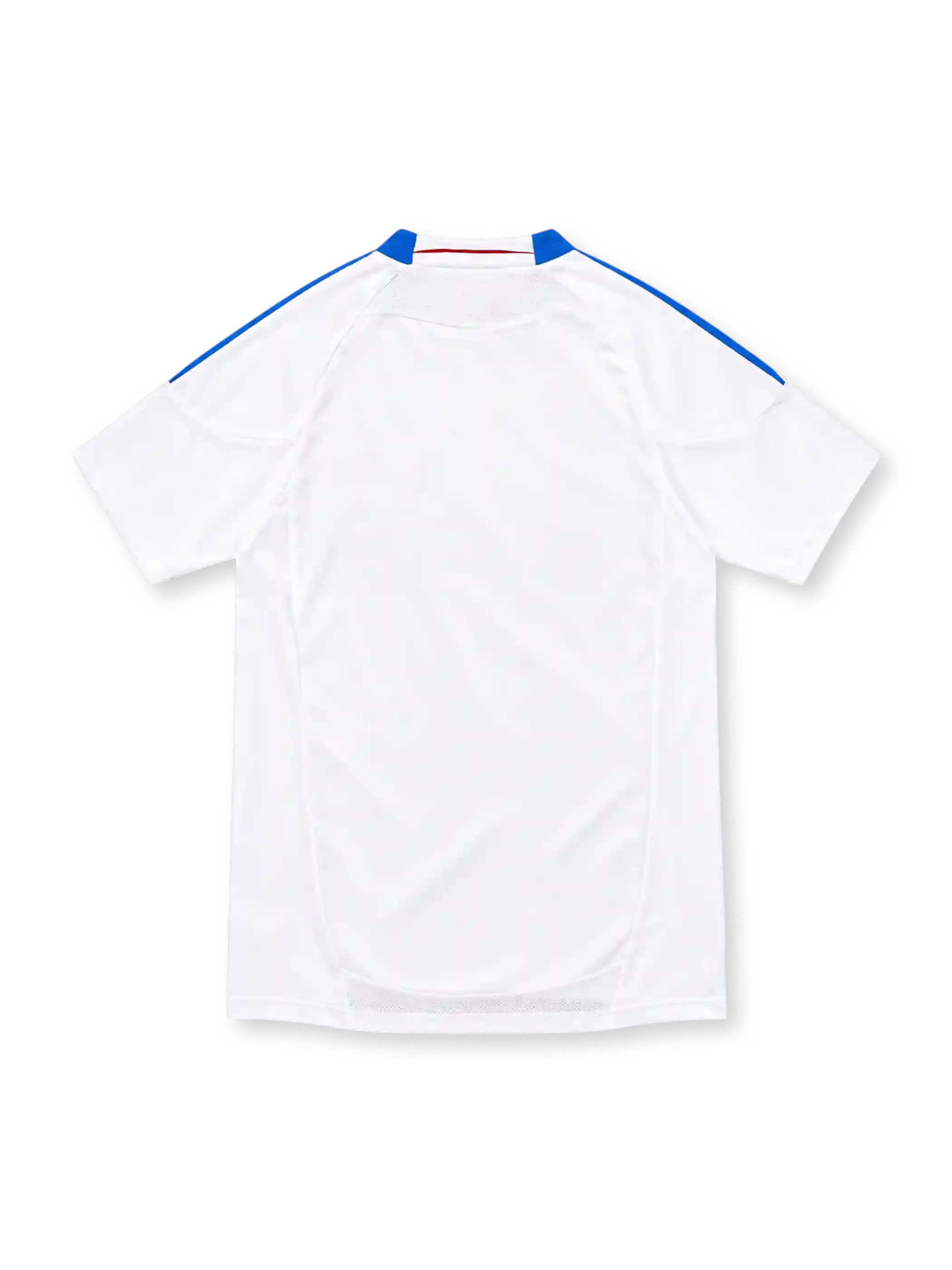 Olympique Lyonnais 2010/11 white adidas home jersey with blue shoulder stripes, red and blue diagonal accents, OL crest, Betclic sponsor, commemorative 1950–2010 neckline detail, and ClimaCool branding.