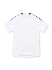 Olympique Lyonnais 2010/11 white adidas home jersey with blue shoulder stripes, red and blue diagonal accents, OL crest, Betclic sponsor, commemorative 1950–2010 neckline detail, and ClimaCool branding.