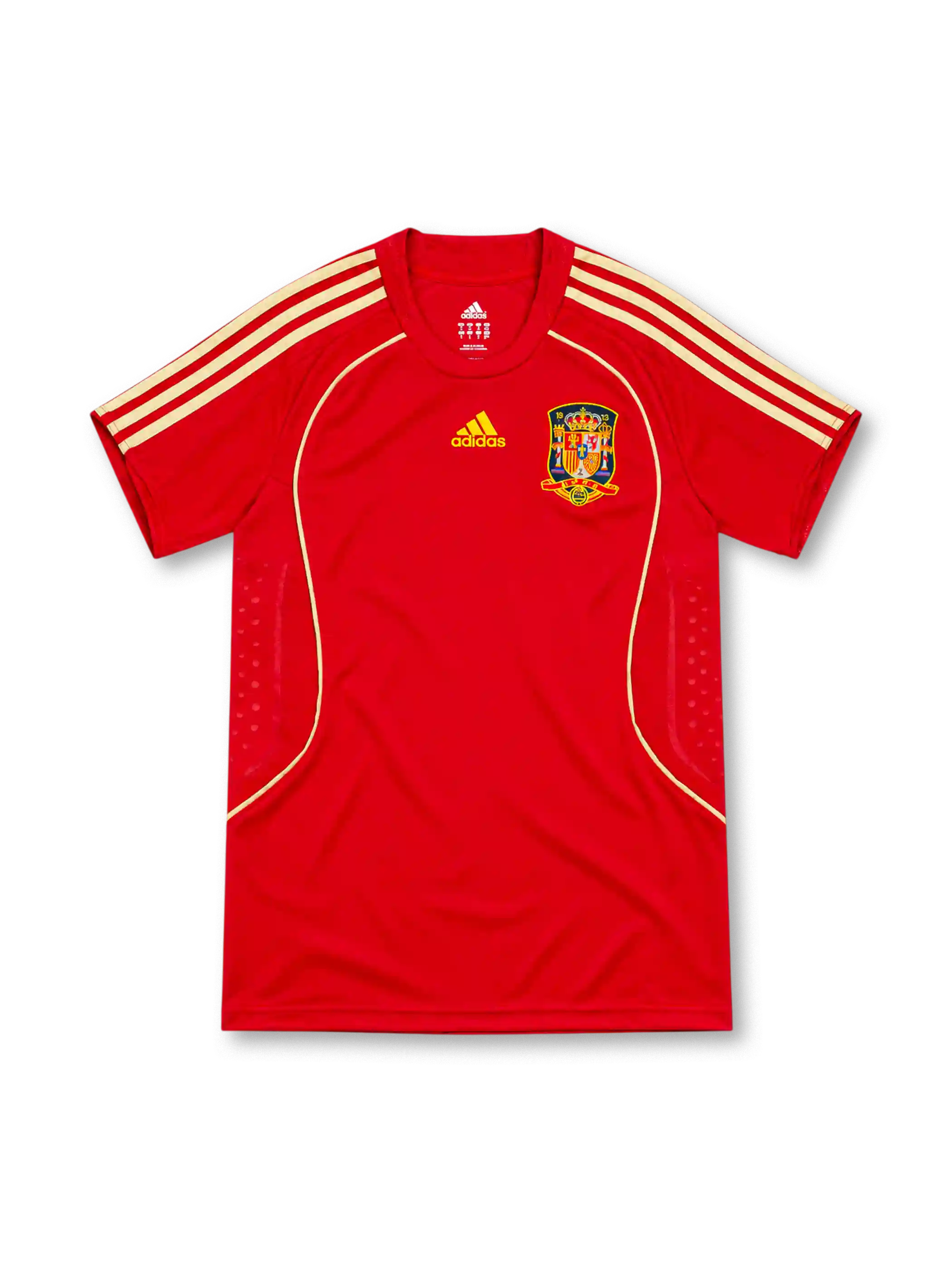 Spain 2008 adidas home jersey in bright red with gold shoulder stripes, gold curved piping, red crew-neck collar, yellow adidas logo, Spanish national crest, and patterned side panels.
