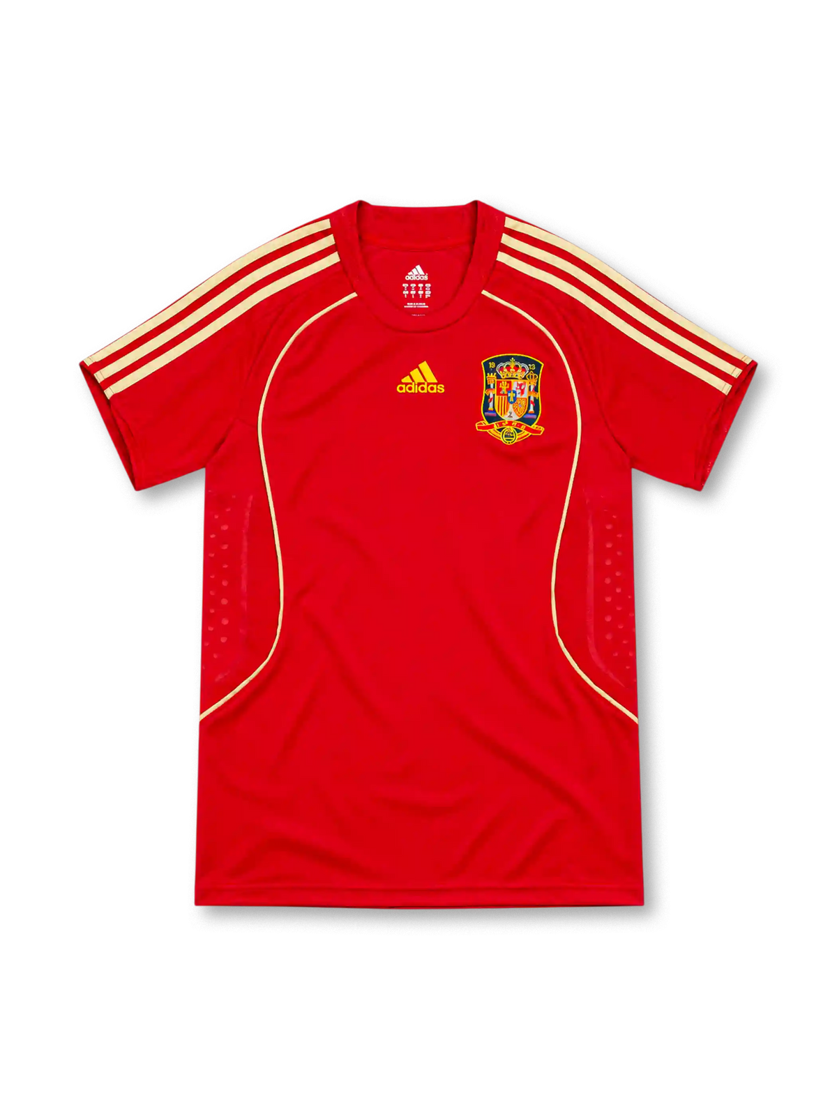 Spain 2008 adidas home jersey in bright red with gold shoulder stripes, gold curved piping, red crew-neck collar, yellow adidas logo, Spanish national crest, and patterned side panels.