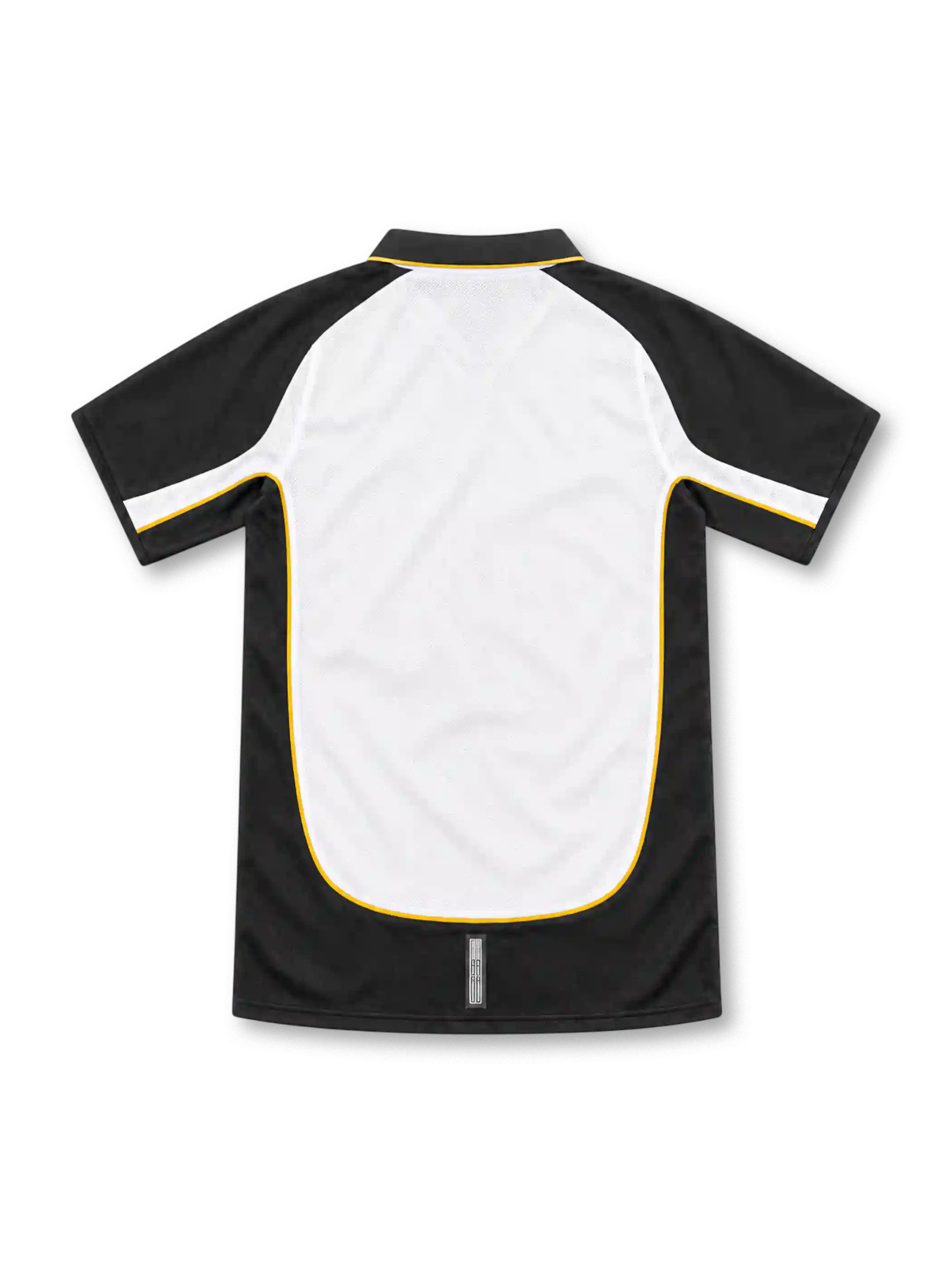 Manchester United 2001/02 centenary away jersey by Umbro in white and black with gold piping, a black polo collar, special centenary crest, black Vodafone sponsor, and commemorative hem label.
