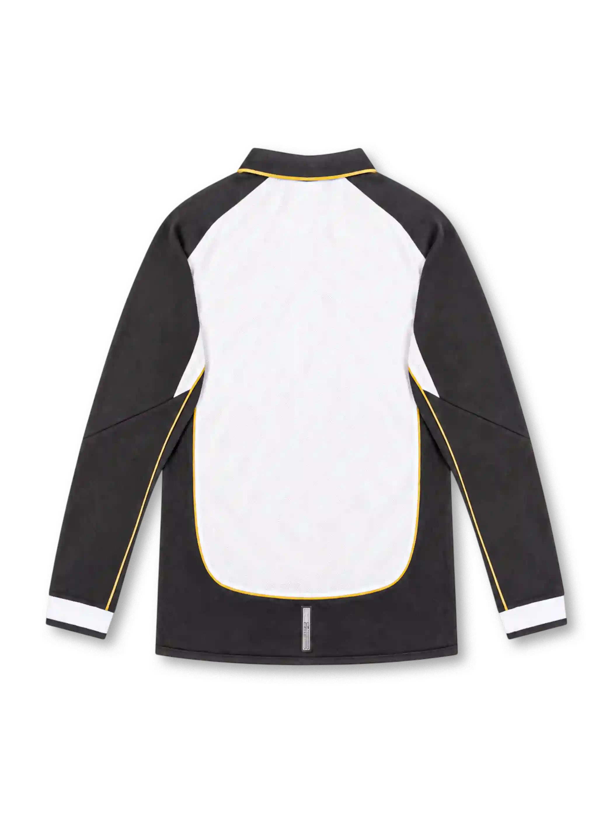 Manchester United 2001/02 centenary away long sleeve jersey by Umbro featuring a white body, black sleeves, gold piping, black polo collar, gold club crest, circular anniversary badge, Vodafone sponsor, and commemorative hem label.