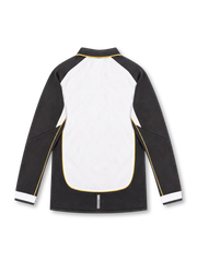 Manchester United 2001/02 centenary away long sleeve jersey by Umbro featuring a white body, black sleeves, gold piping, black polo collar, gold club crest, circular anniversary badge, Vodafone sponsor, and commemorative hem label.