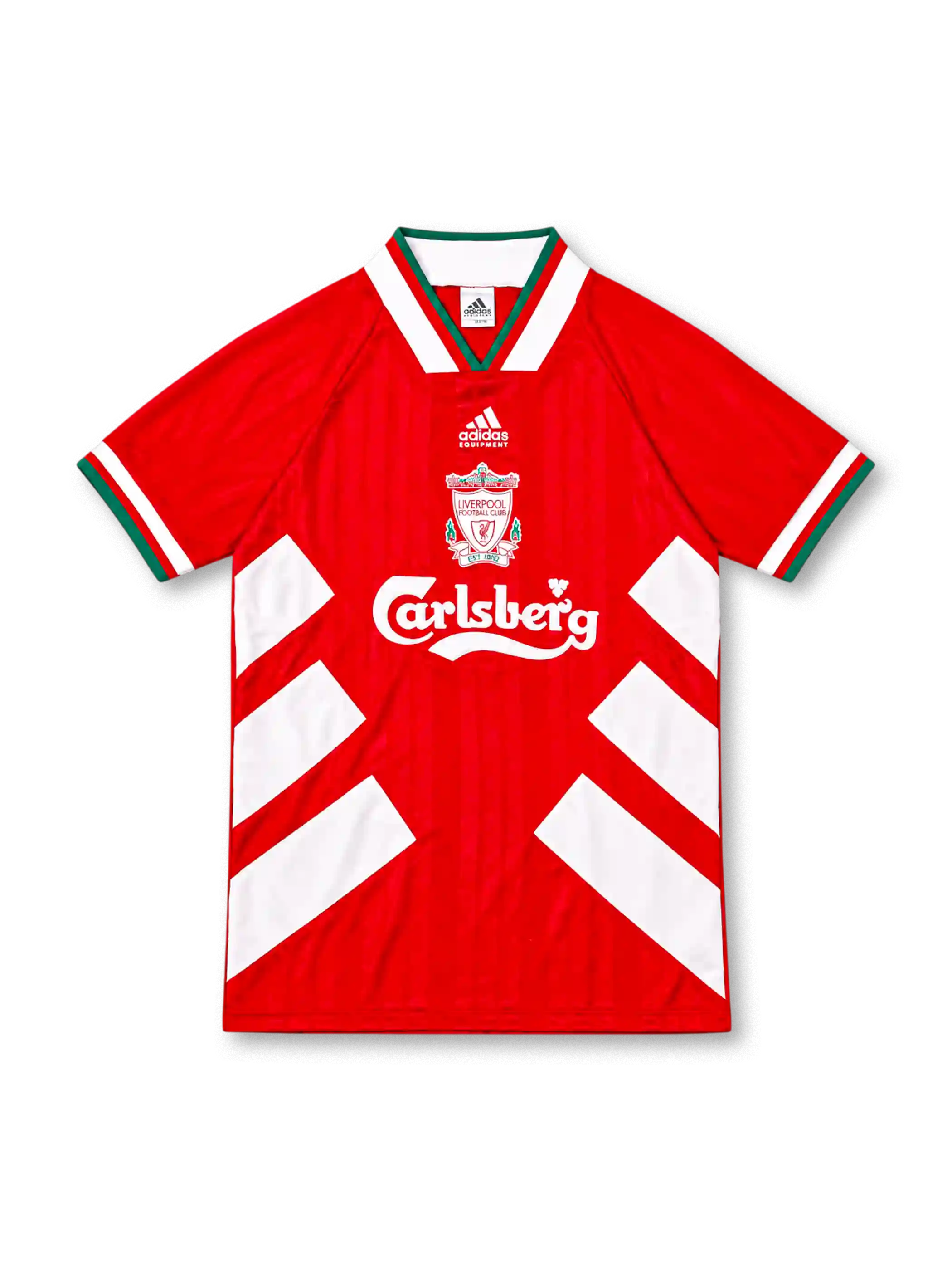 Liverpool 1993/95 adidas home jersey in red with bold white diagonal side stripes, white fold-down collar with red and green trim, central Liverpool club crest, white adidas Equipment logo and Carlsberg sponsor.