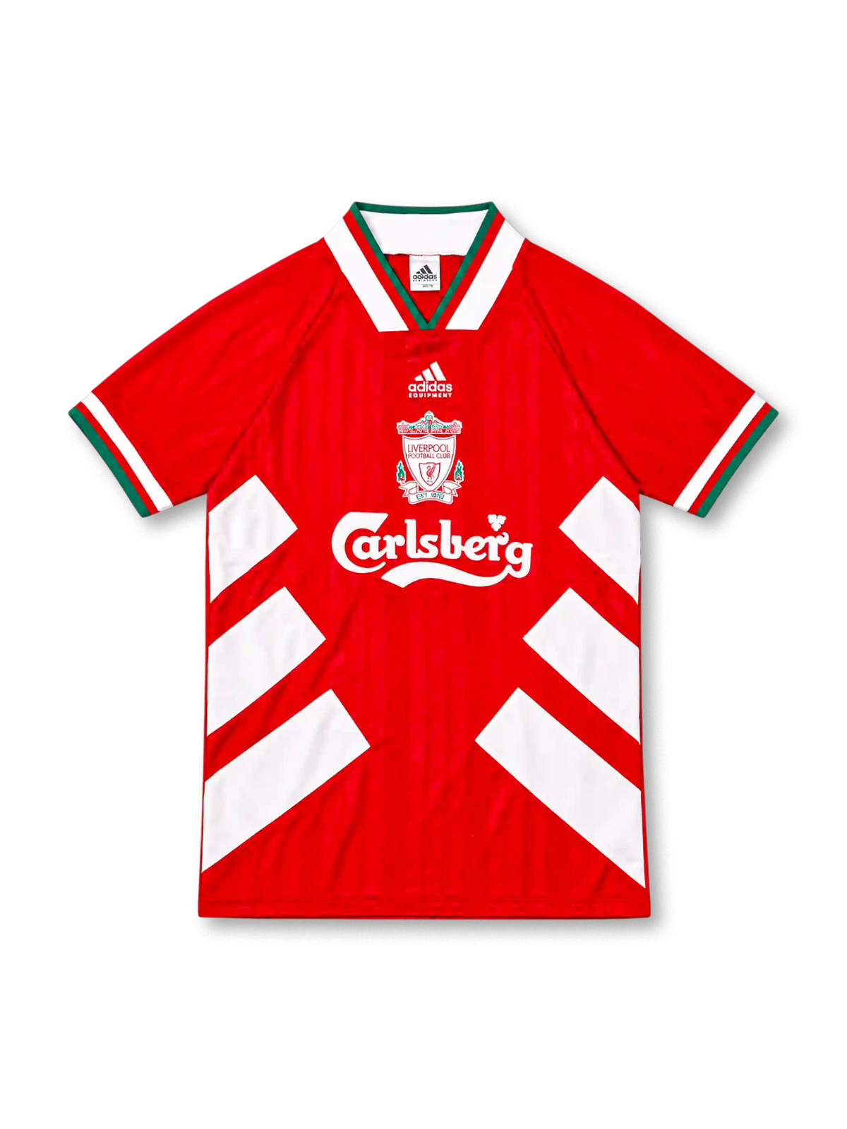Liverpool 1993/95 adidas home jersey in red with bold white diagonal side stripes, white fold-down collar with red and green trim, central Liverpool club crest, white adidas Equipment logo and Carlsberg sponsor.
