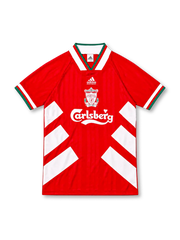 Liverpool 1993/95 adidas home jersey in red with bold white diagonal side stripes, white fold-down collar with red and green trim, central Liverpool club crest, white adidas Equipment logo and Carlsberg sponsor.