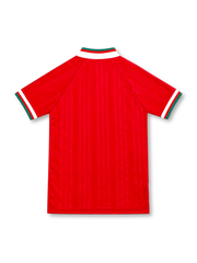 Liverpool 1993/95 adidas home jersey in red with bold white diagonal side stripes, white fold-down collar with red and green trim, central Liverpool club crest, white adidas Equipment logo and Carlsberg sponsor.