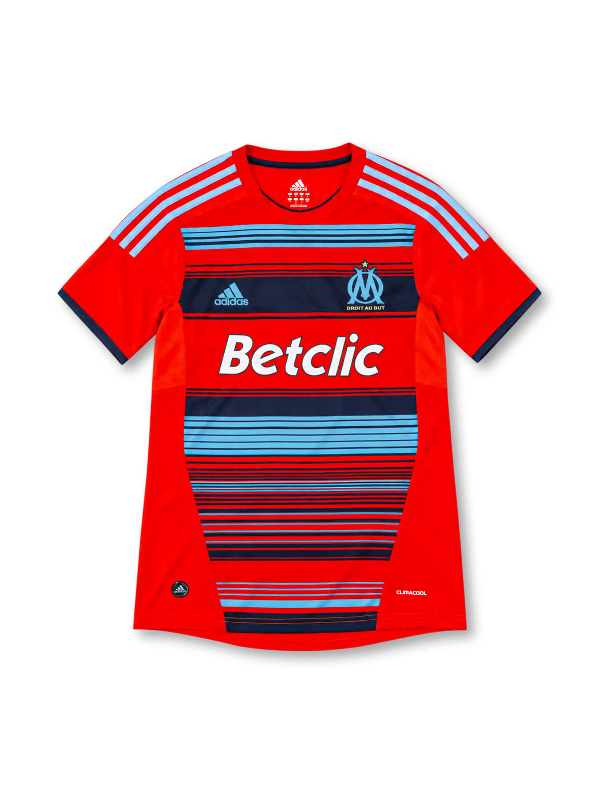 Olympique Marseille 2011/12 adidas third jersey featuring a red body, sky-blue and navy horizontal stripes, light-blue shoulder stripes, OM crest, white Betclic sponsor, navy sleeve cuffs, and ClimaCool branding.
