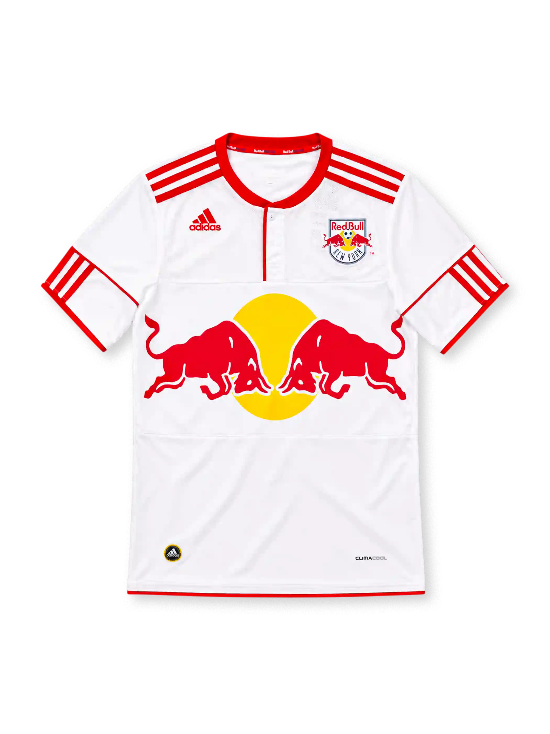 New York Red Bulls 2010 white adidas home jersey with red shoulder stripes, red-trimmed button collar, club crest, large red bulls and yellow sun sponsor graphic, red sleeve detailing, and ClimaCool branding.