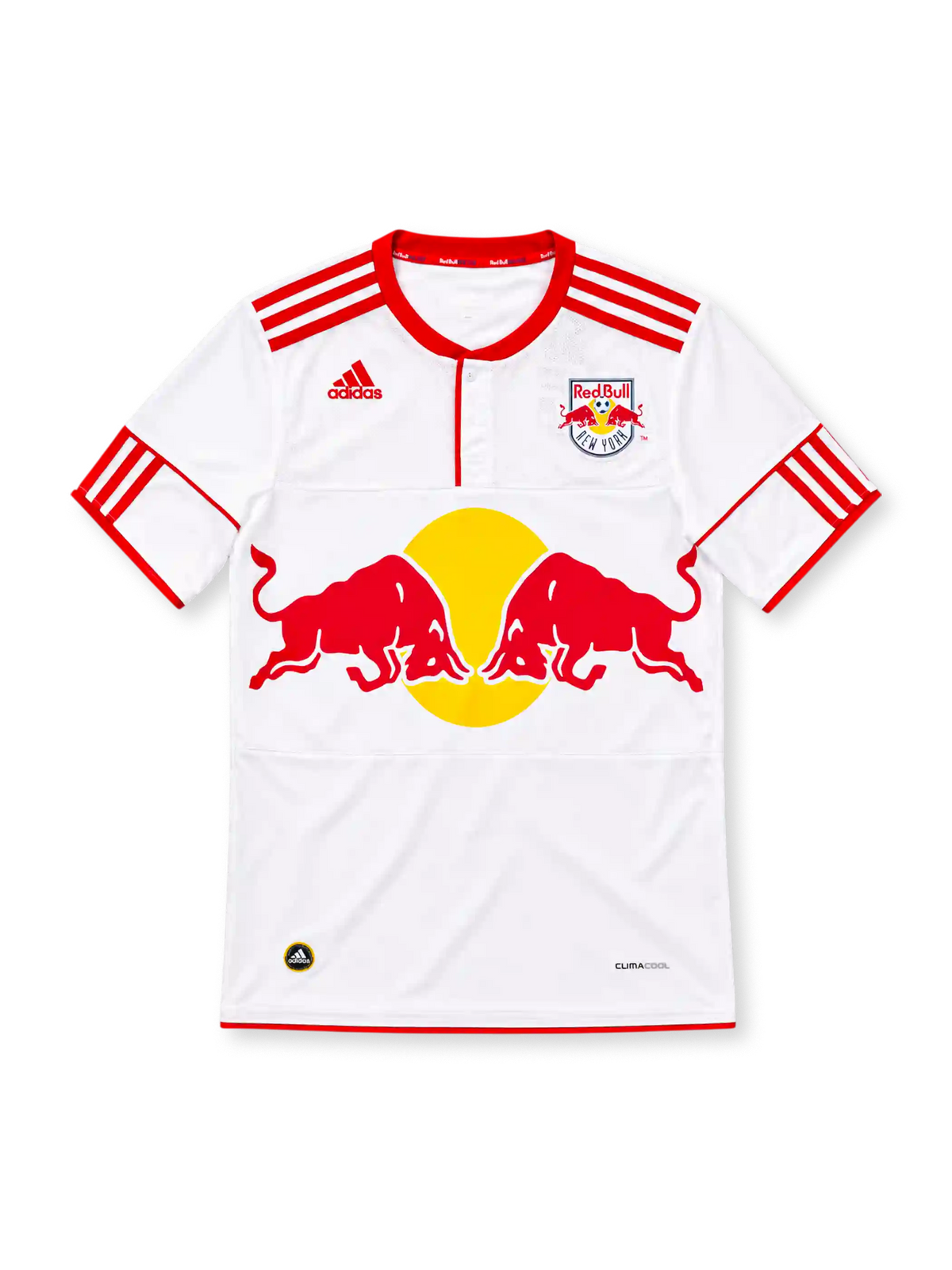 New York Red Bulls 2010 white adidas home jersey with red shoulder stripes, red-trimmed button collar, club crest, large red bulls and yellow sun sponsor graphic, red sleeve detailing, and ClimaCool branding.