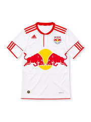 New York Red Bulls 2010 white adidas home jersey with red shoulder stripes, red-trimmed button collar, club crest, large red bulls and yellow sun sponsor graphic, red sleeve detailing, and ClimaCool branding.