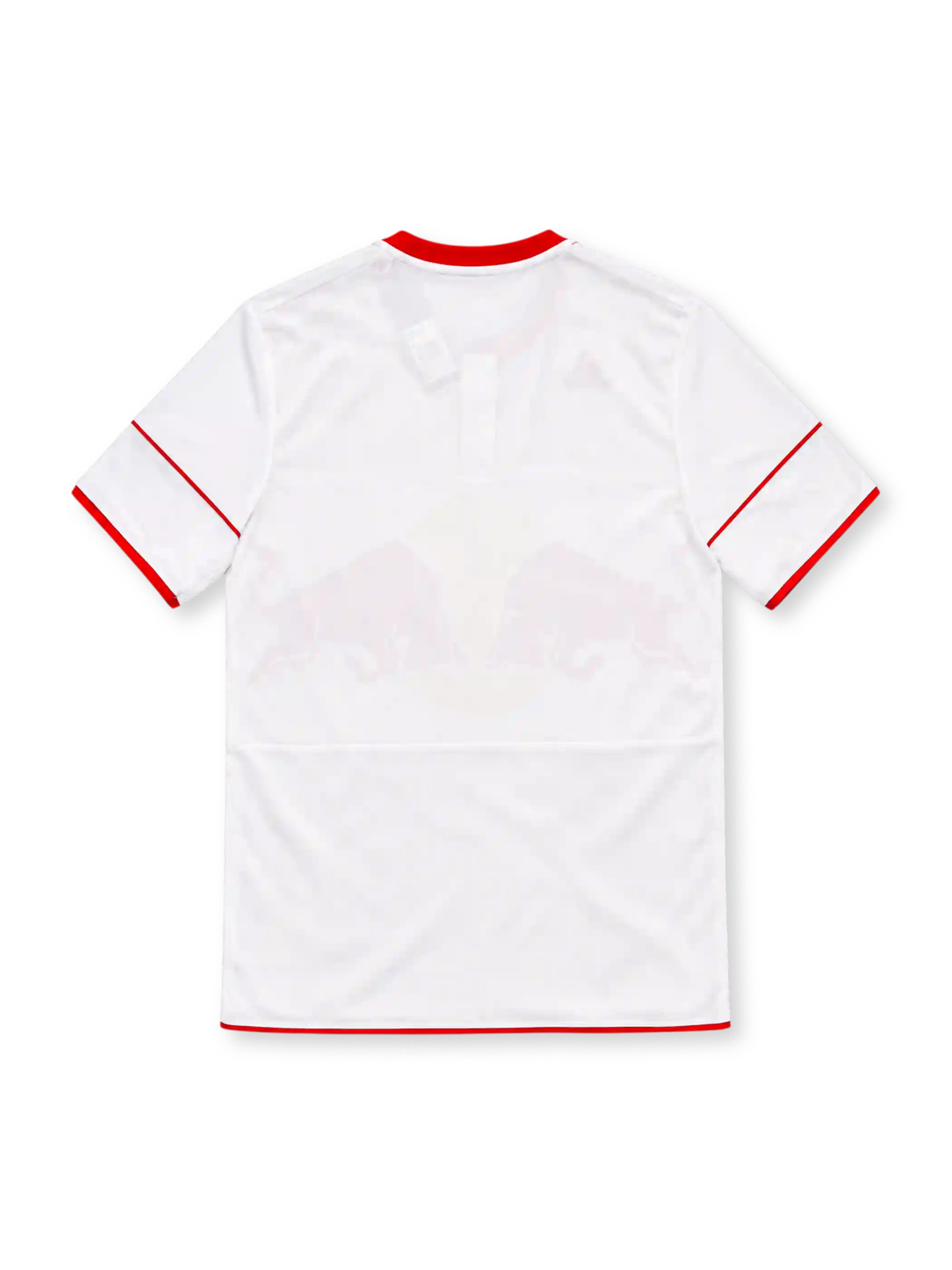 New York Red Bulls 2010 white adidas home jersey with red shoulder stripes, red-trimmed button collar, club crest, large red bulls and yellow sun sponsor graphic, red sleeve detailing, and ClimaCool branding.