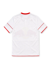 New York Red Bulls 2010 white adidas home jersey with red shoulder stripes, red-trimmed button collar, club crest, large red bulls and yellow sun sponsor graphic, red sleeve detailing, and ClimaCool branding.