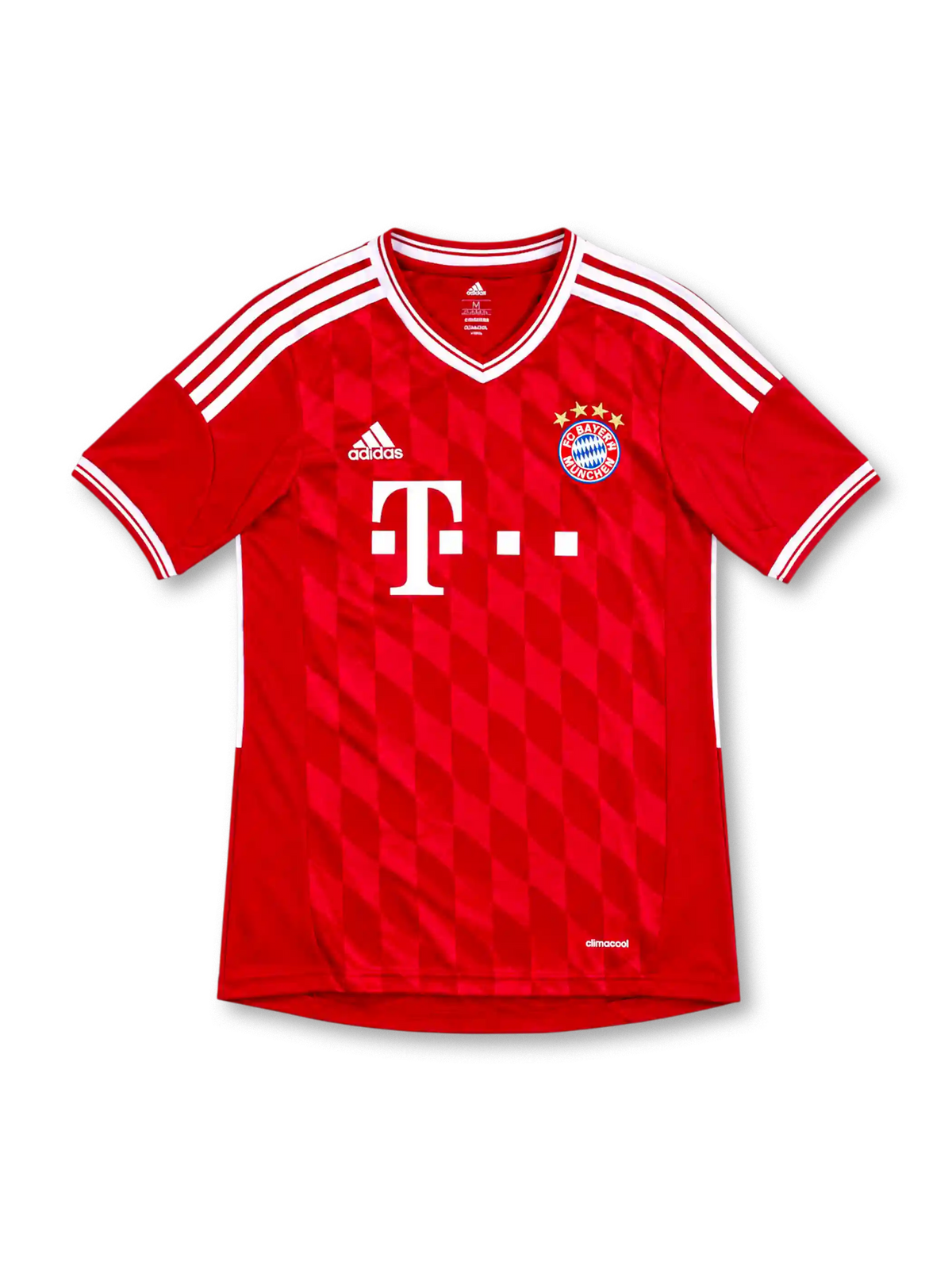 Bayern Munich 2013/14 Bundesliga home jersey by adidas in red with subtle diamond graphics, white shoulder stripes, white-trimmed V-neck and sleeve cuffs, four-star club crest, Deutsche Telekom sponsor, and ClimaCool branding.