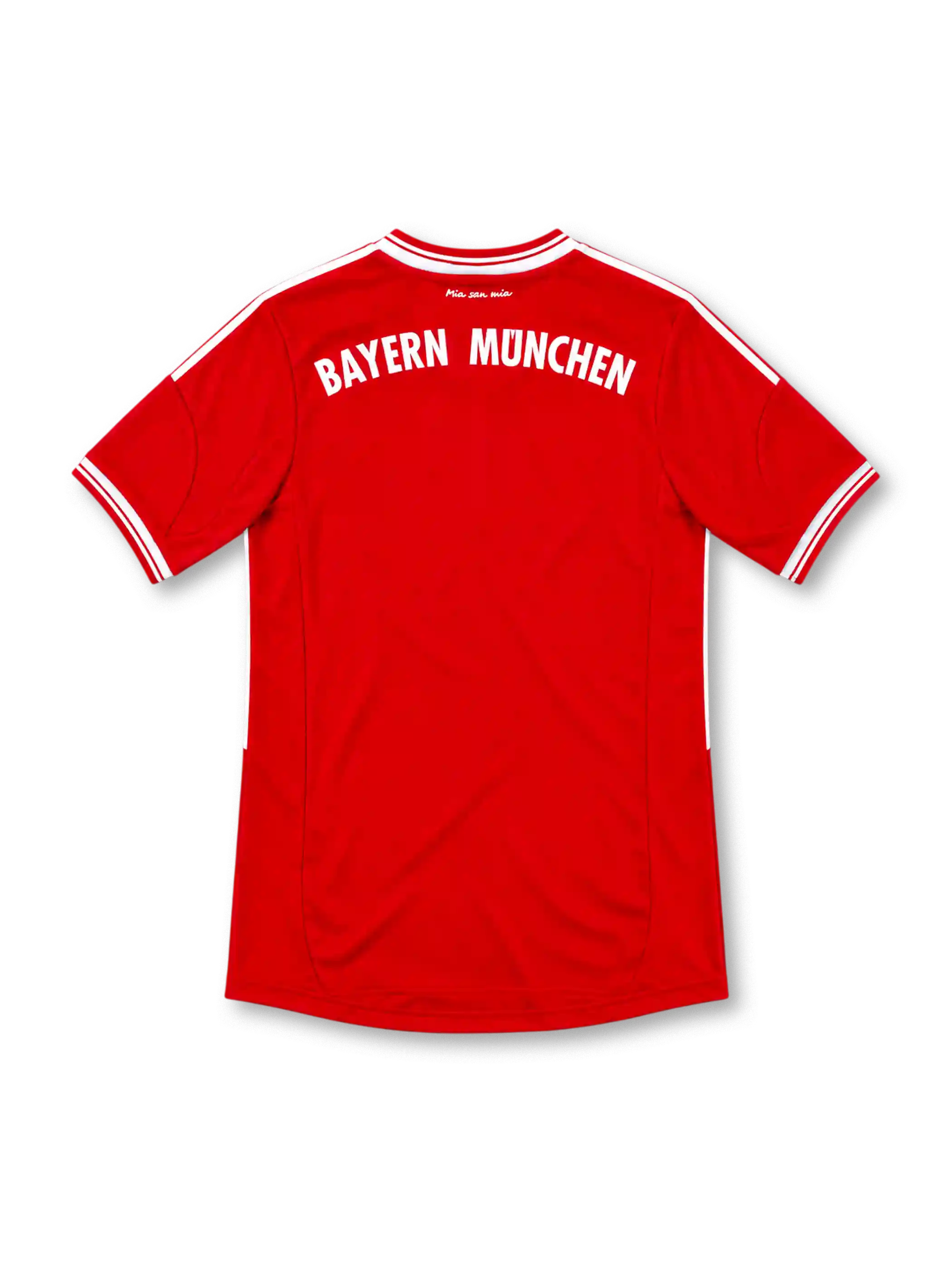 Bayern Munich 2013/14 Bundesliga home jersey by adidas in red with subtle diamond graphics, white shoulder stripes, white-trimmed V-neck and sleeve cuffs, four-star club crest, Deutsche Telekom sponsor, and ClimaCool branding.