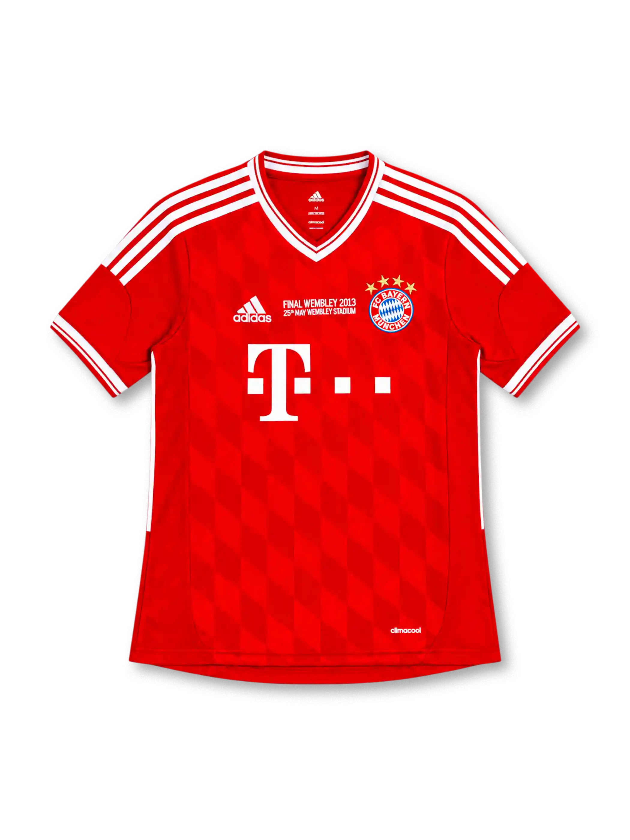 Bayern Munich 2013/14 red adidas home jersey with four-star crest, white shoulder stripes, Deutsche Telekom sponsor, tonal diamond graphics, and special 2013 Wembley Champions League Final embroidery.