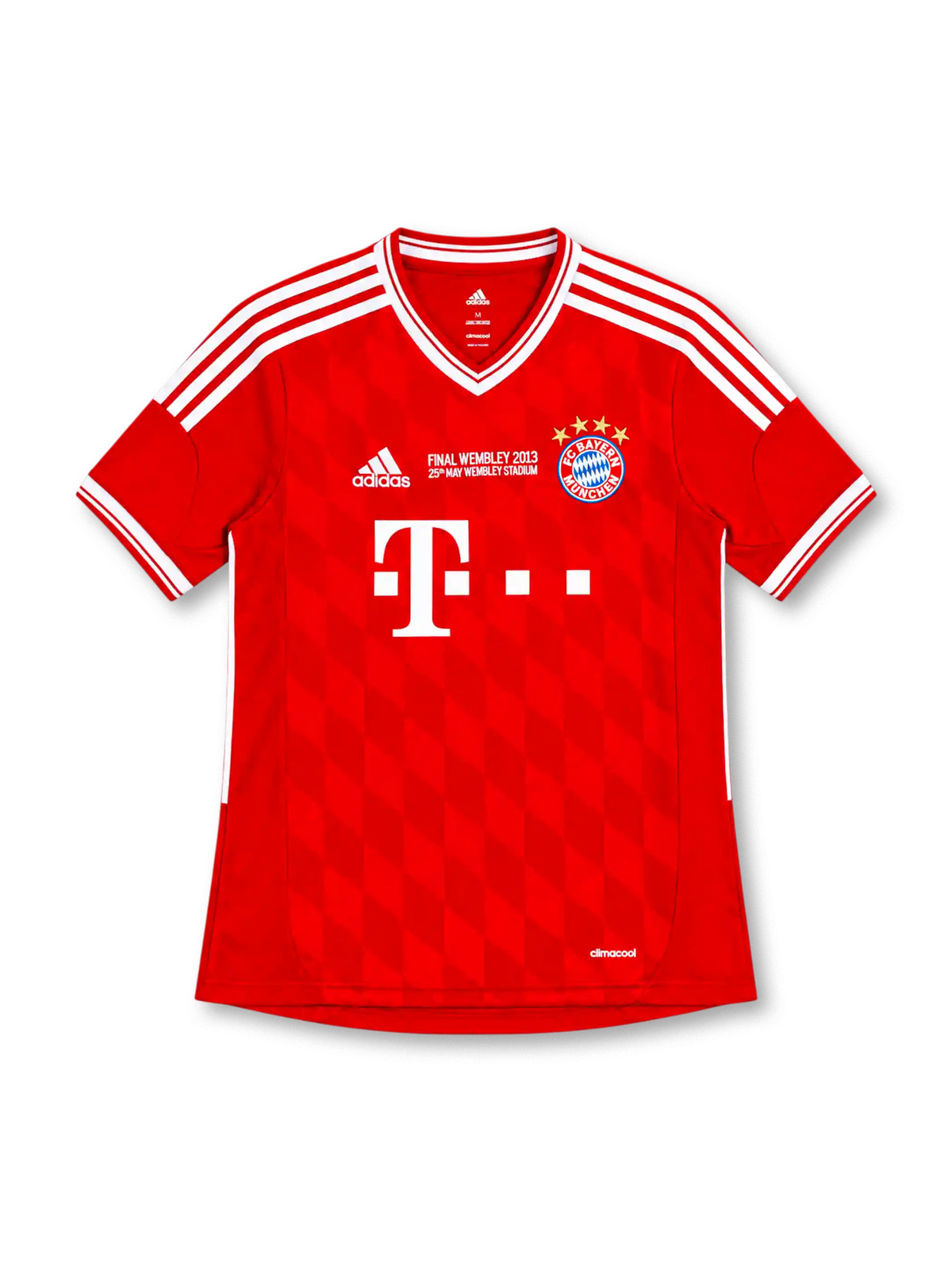 Bayern Munich 2013/14 red adidas home jersey with four-star crest, white shoulder stripes, Deutsche Telekom sponsor, tonal diamond graphics, and special 2013 Wembley Champions League Final embroidery.