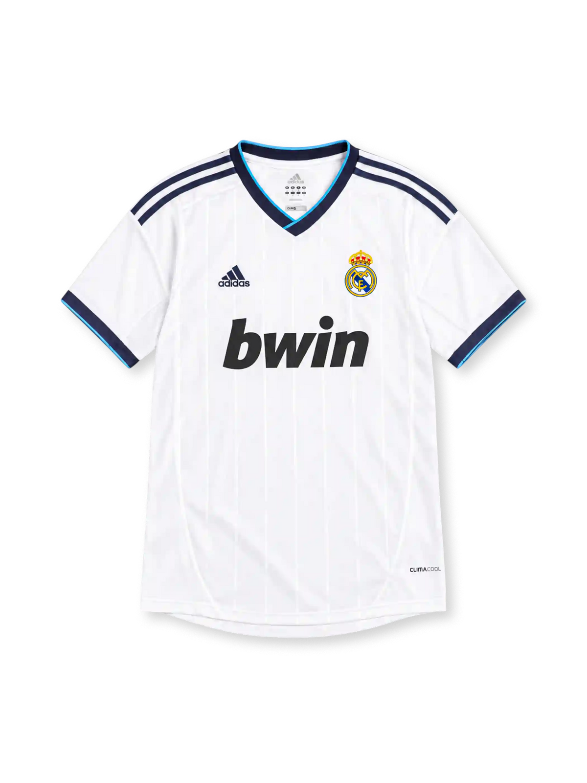 Real Madrid 2012/13 white adidas home jersey with subtle vertical pinstripes, navy shoulder stripes, navy and turquoise V-neck collar, crowned club crest, black bwin sponsor, and ClimaCool branding.