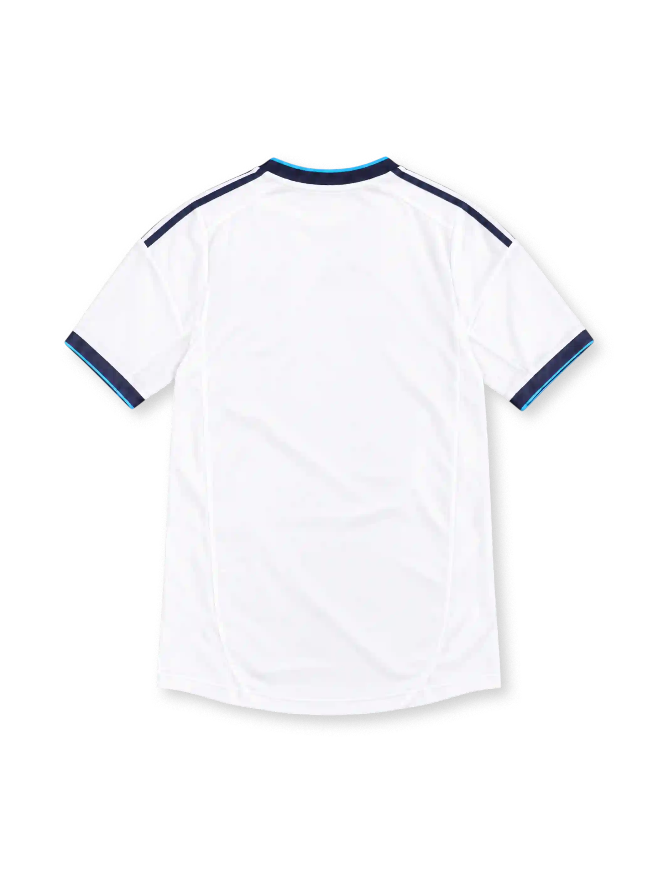 Real Madrid 2012/13 white adidas home jersey with subtle vertical pinstripes, navy shoulder stripes, navy and turquoise V-neck collar, crowned club crest, black bwin sponsor, and ClimaCool branding.