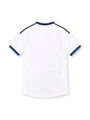 Real Madrid 2012/13 white adidas home jersey with subtle vertical pinstripes, navy shoulder stripes, navy and turquoise V-neck collar, crowned club crest, black bwin sponsor, and ClimaCool branding.