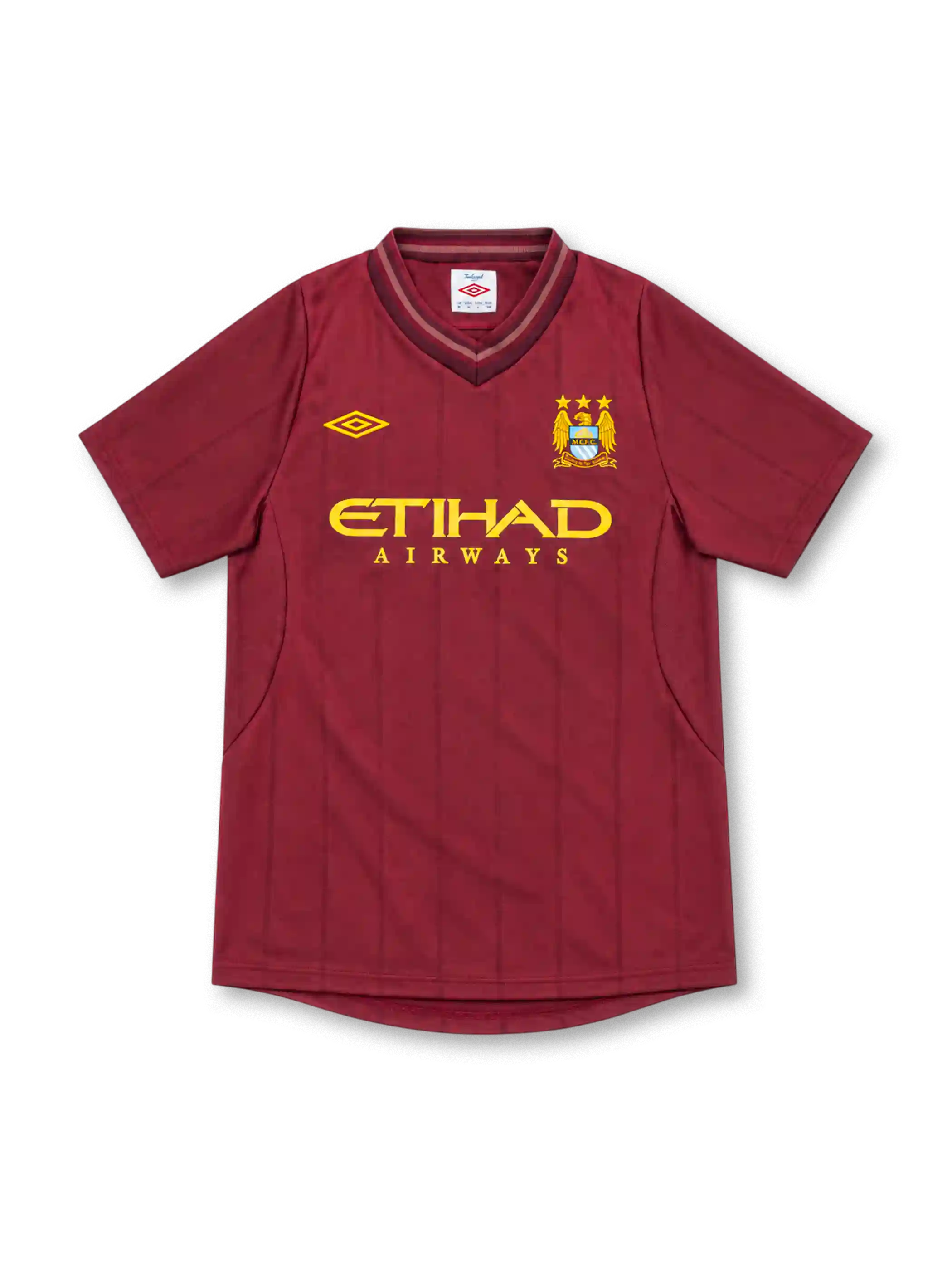 Manchester City 2012/13 Umbro away jersey in deep maroon with tonal vertical pinstripes, layered V-neck collar, gold Umbro logo, three-star club crest, and gold Etihad Airways sponsor.