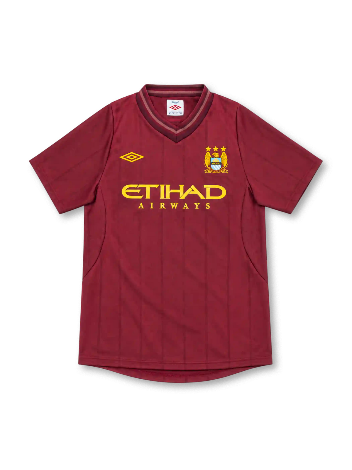 Manchester City 2012/13 Umbro away jersey in deep maroon with tonal vertical pinstripes, layered V-neck collar, gold Umbro logo, three-star club crest, and gold Etihad Airways sponsor.