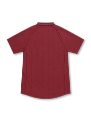 Manchester City 2012/13 Umbro away jersey in deep maroon with tonal vertical pinstripes, layered V-neck collar, gold Umbro logo, three-star club crest, and gold Etihad Airways sponsor.