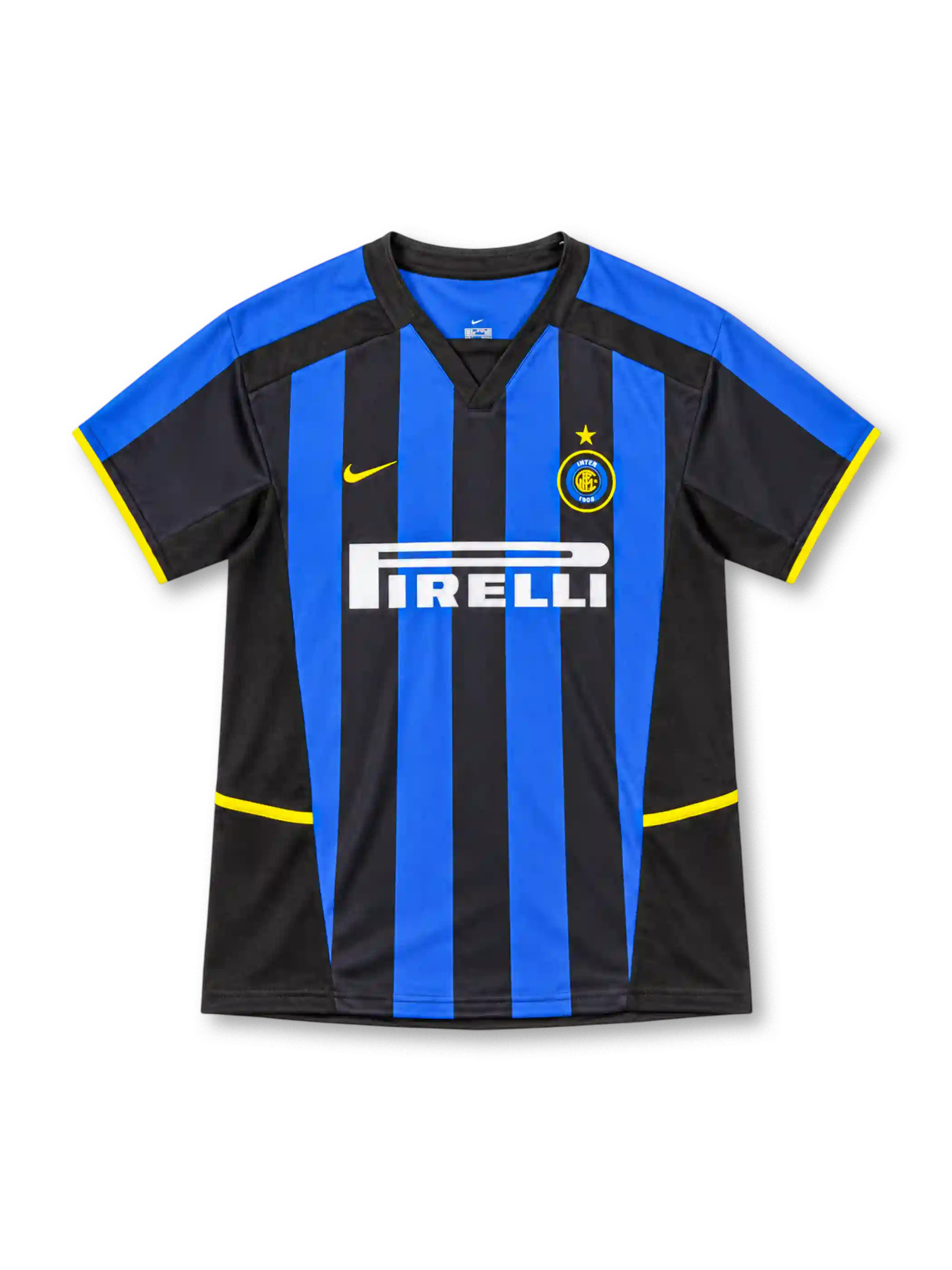 Inter Milan 2002/03 Nike home jersey featuring blue-and-black vertical stripes, black V-neck collar, yellow Nike logo, Inter crest with gold star, white Pirelli sponsor, and yellow sleeve and side accents.