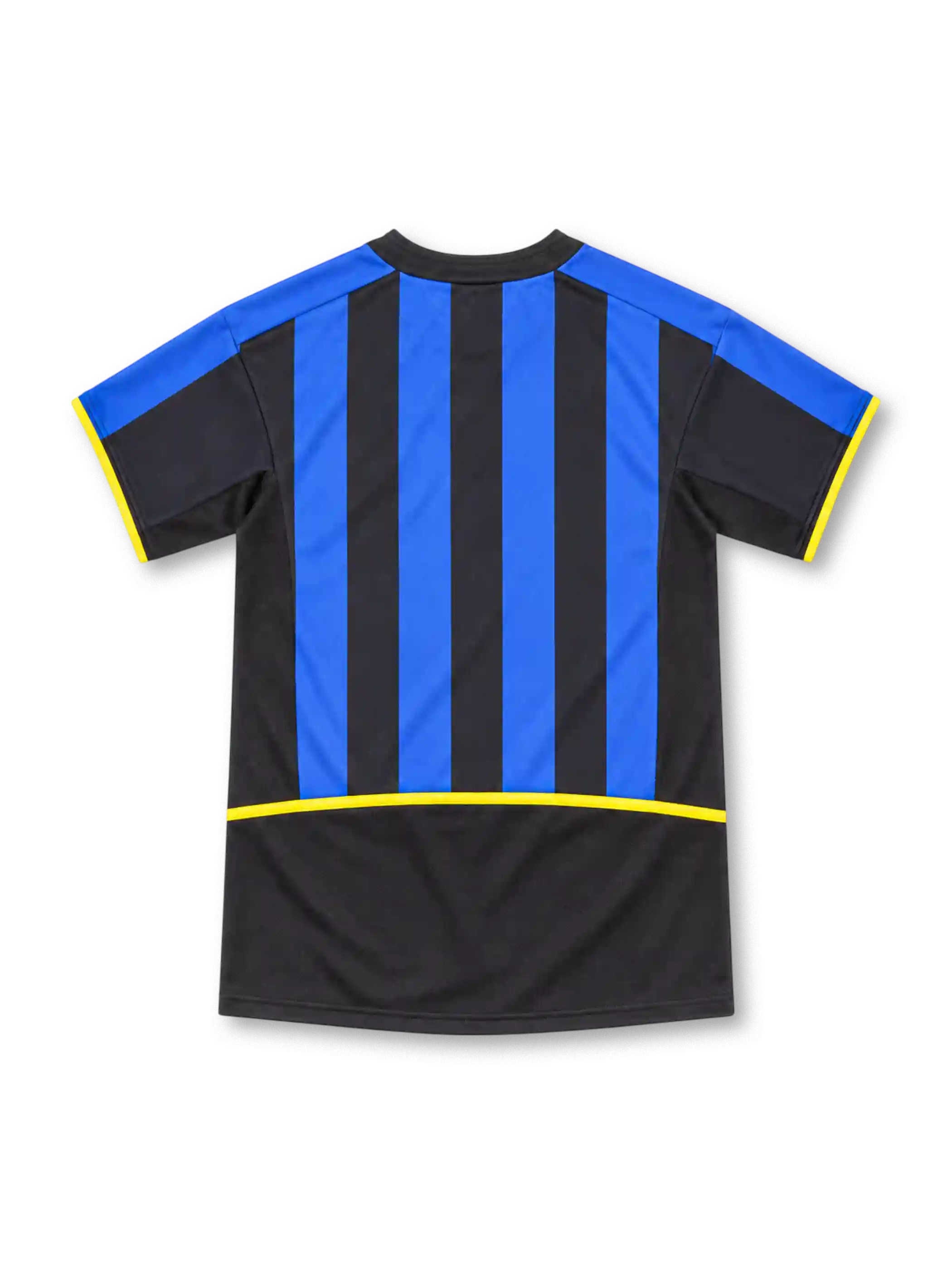 Inter Milan 2002/03 Nike home jersey featuring blue-and-black vertical stripes, black V-neck collar, yellow Nike logo, Inter crest with gold star, white Pirelli sponsor, and yellow sleeve and side accents.