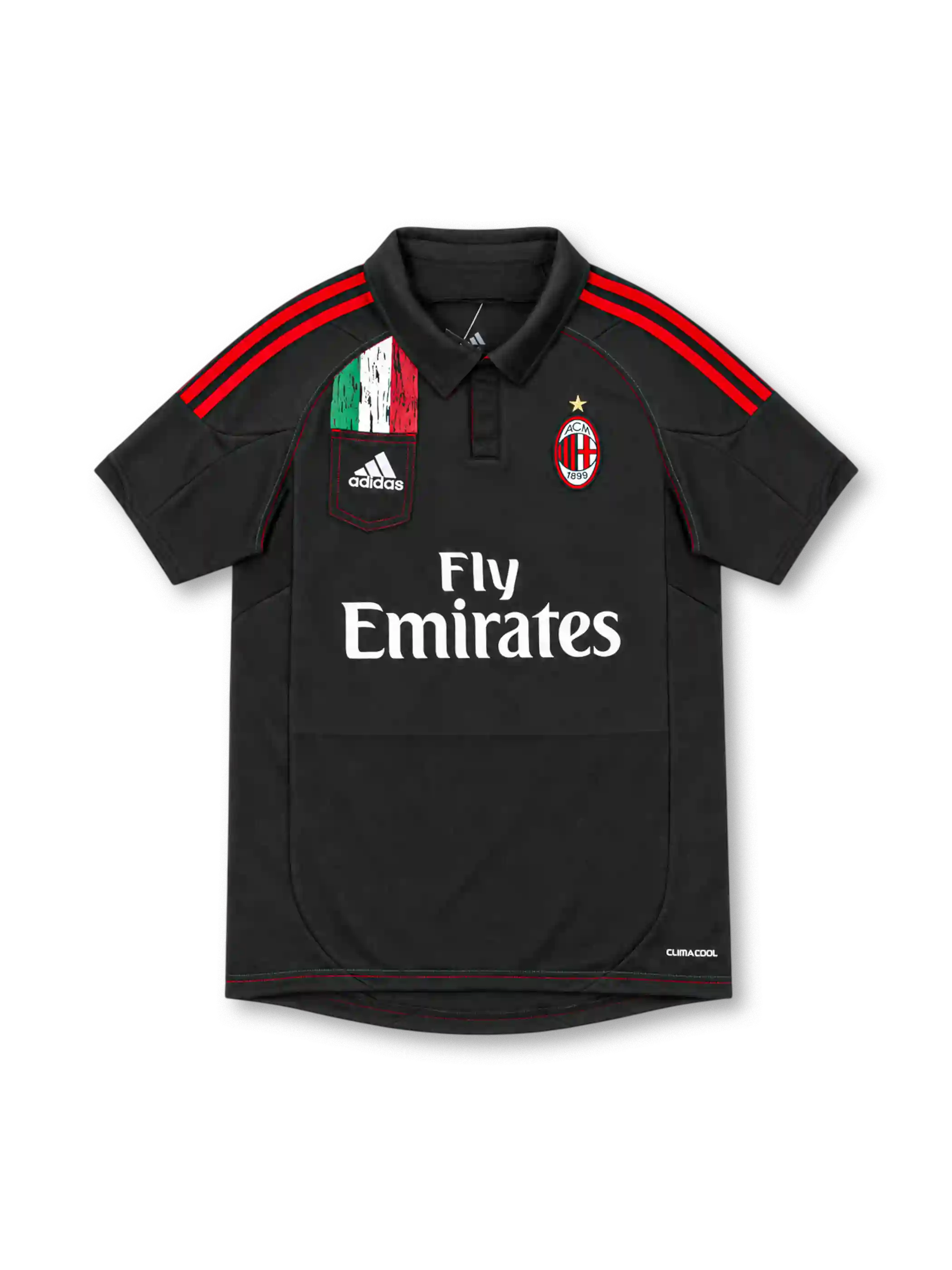 AC Milan 2012/13 black adidas third jersey with red shoulder stripes, black polo collar, Italian tricolor pocket graphic, white adidas logo, gold-star club crest, Fly Emirates sponsor, and ClimaCool branding.