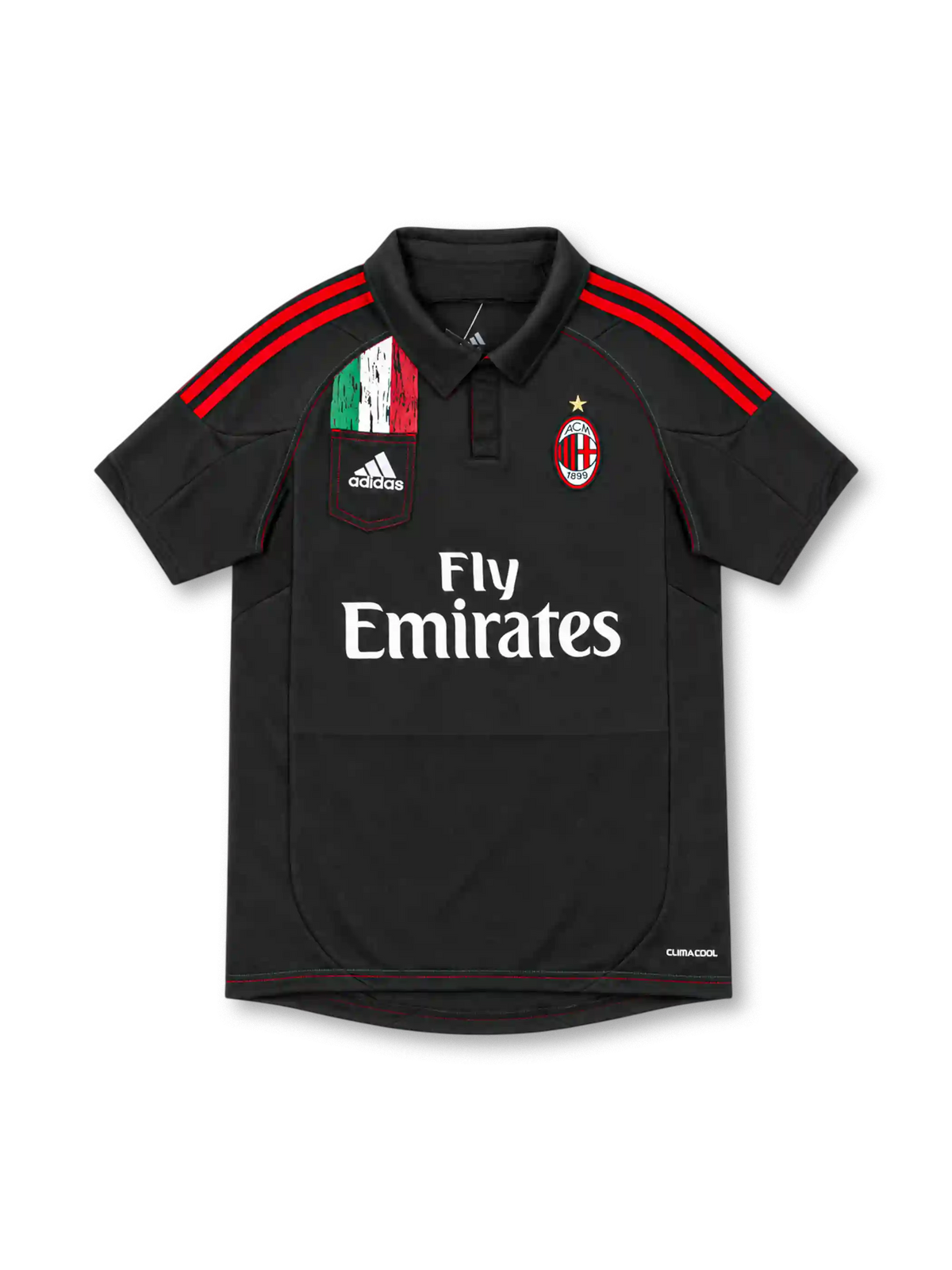 AC Milan 2012/13 black adidas third jersey with red shoulder stripes, black polo collar, Italian tricolor pocket graphic, white adidas logo, gold-star club crest, Fly Emirates sponsor, and ClimaCool branding.