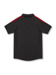 AC Milan 2012/13 black adidas third jersey with red shoulder stripes, black polo collar, Italian tricolor pocket graphic, white adidas logo, gold-star club crest, Fly Emirates sponsor, and ClimaCool branding.