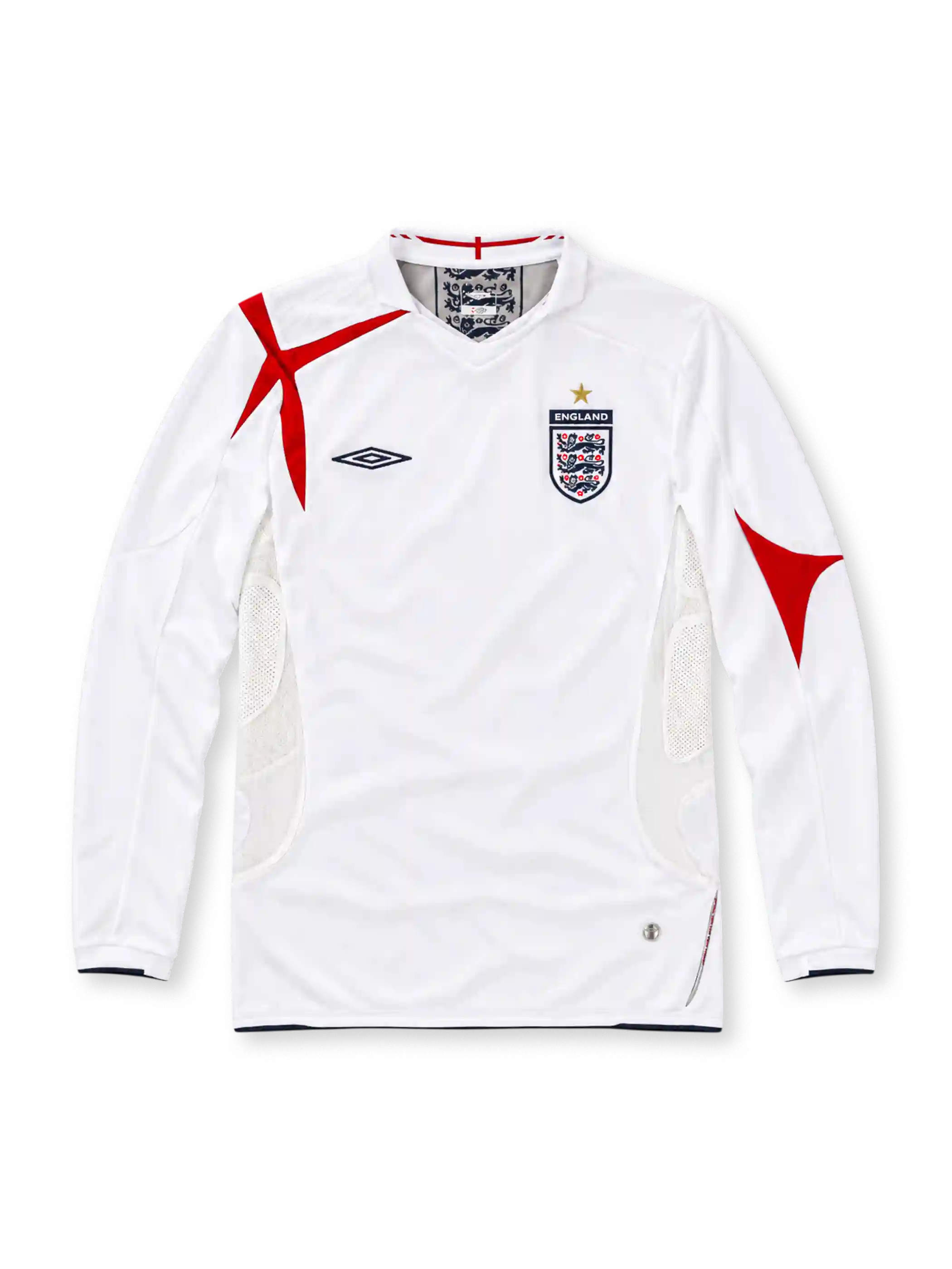 England 2006 Umbro home long sleeve jersey in white with red St George's Cross-inspired shoulder and sleeve graphics, white collar, black Umbro logo, Three Lions crest with gold star, white mesh side panels, and black trim.