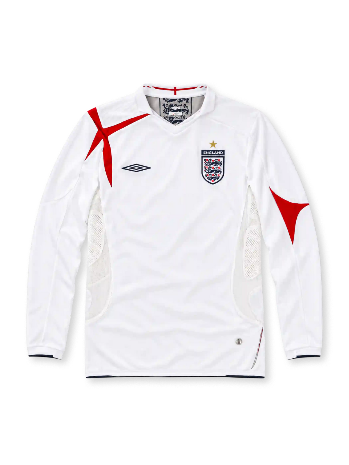 England 2006 Umbro home long sleeve jersey in white with red St George's Cross-inspired shoulder and sleeve graphics, white collar, black Umbro logo, Three Lions crest with gold star, white mesh side panels, and black trim.