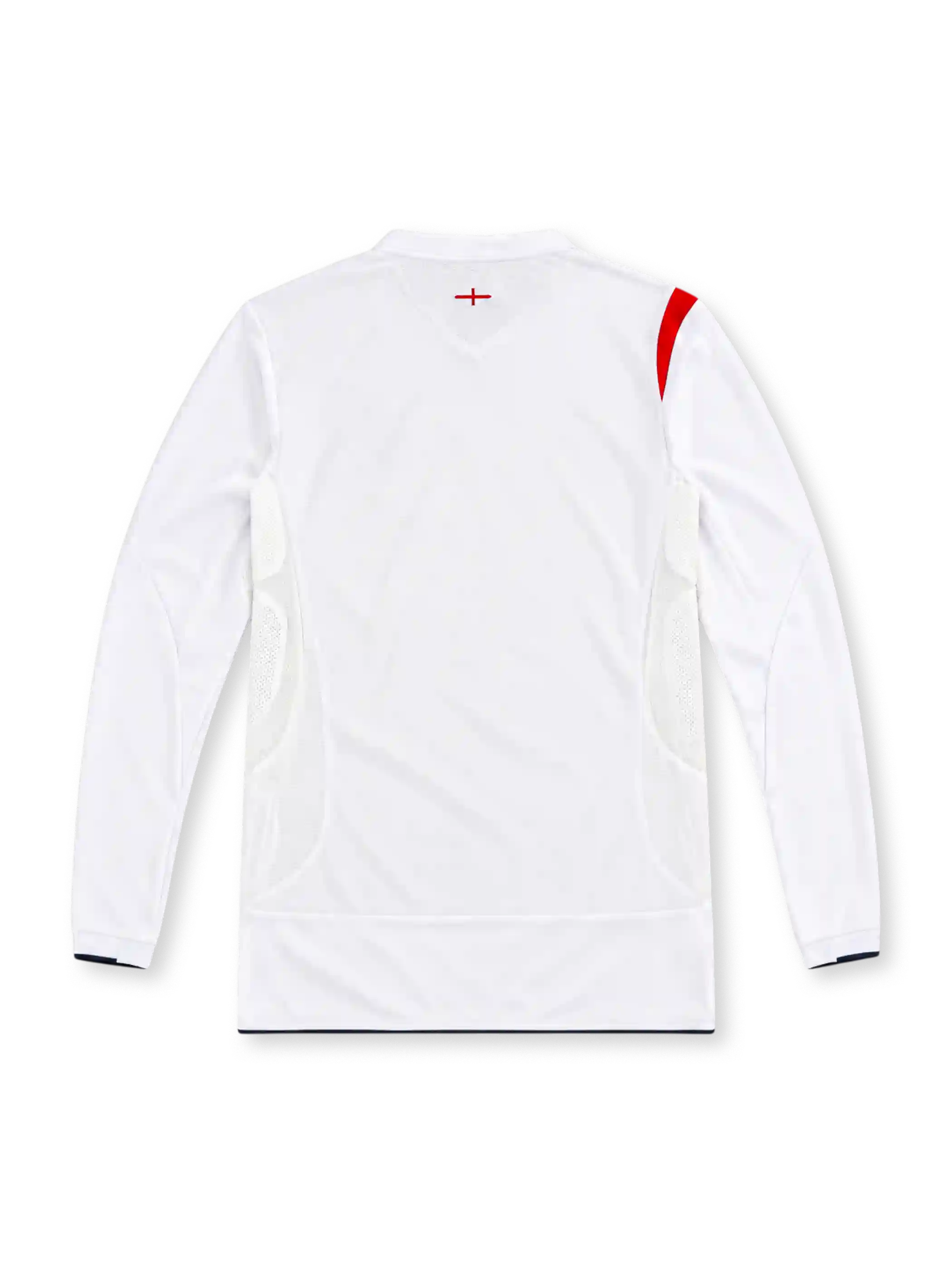 England 2006 Umbro home long sleeve jersey in white with red St George's Cross-inspired shoulder and sleeve graphics, white collar, black Umbro logo, Three Lions crest with gold star, white mesh side panels, and black trim.