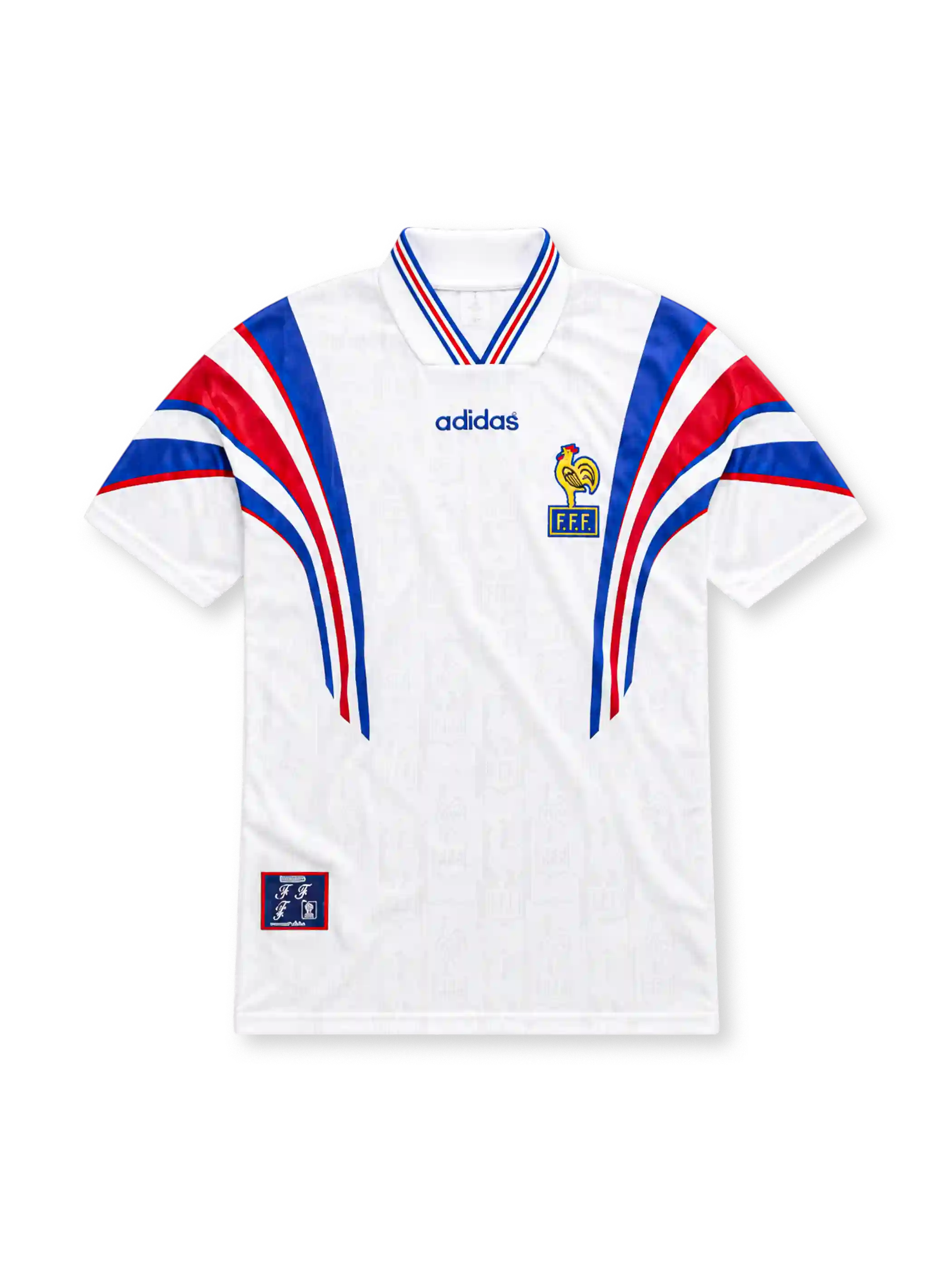 France 1996 adidas away match edition jersey in white with sweeping blue and red shoulder stripes, tricolor V-neck collar, central blue adidas logo, French Football Federation rooster crest, and commemorative-style hem label.