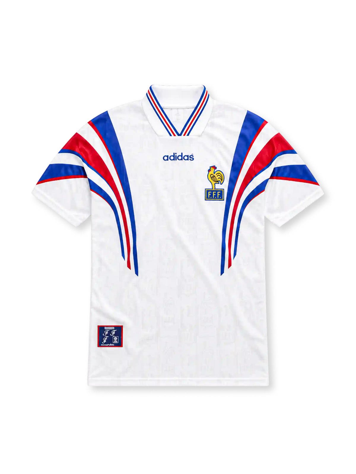 France 1996 adidas away match edition jersey in white with sweeping blue and red shoulder stripes, tricolor V-neck collar, central blue adidas logo, French Football Federation rooster crest, and commemorative-style hem label.
