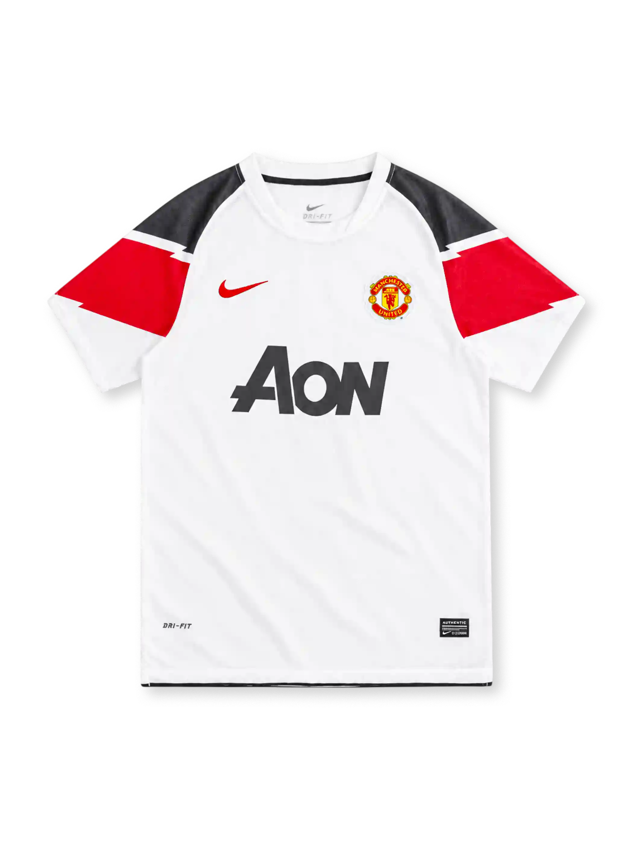 Manchester United 2010/11 white Nike away jersey with black and red geometric shoulder panels, white crew neck, red Nike Swoosh, club crest, black Aon sponsor, Dri-FIT branding, and Authentic-style hem label.