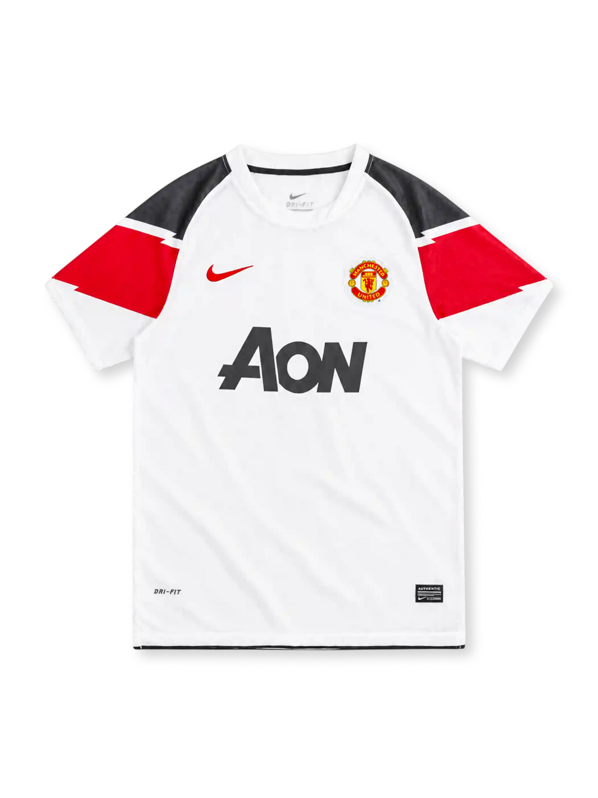 Manchester United 2010/11 white Nike away jersey with black and red geometric shoulder panels, white crew neck, red Nike Swoosh, club crest, black Aon sponsor, Dri-FIT branding, and Authentic-style hem label.