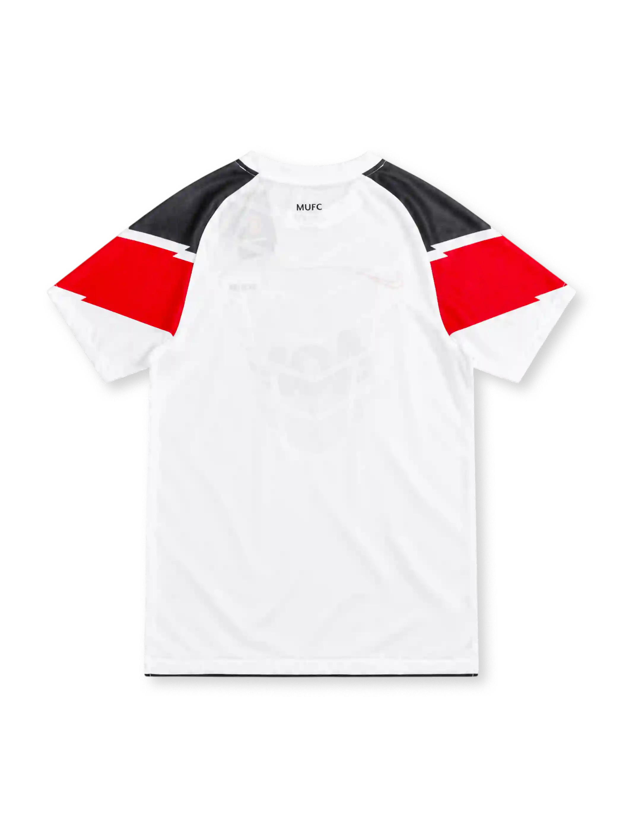 Manchester United 2010/11 white Nike away jersey with black and red geometric shoulder panels, white crew neck, red Nike Swoosh, club crest, black Aon sponsor, Dri-FIT branding, and Authentic-style hem label.