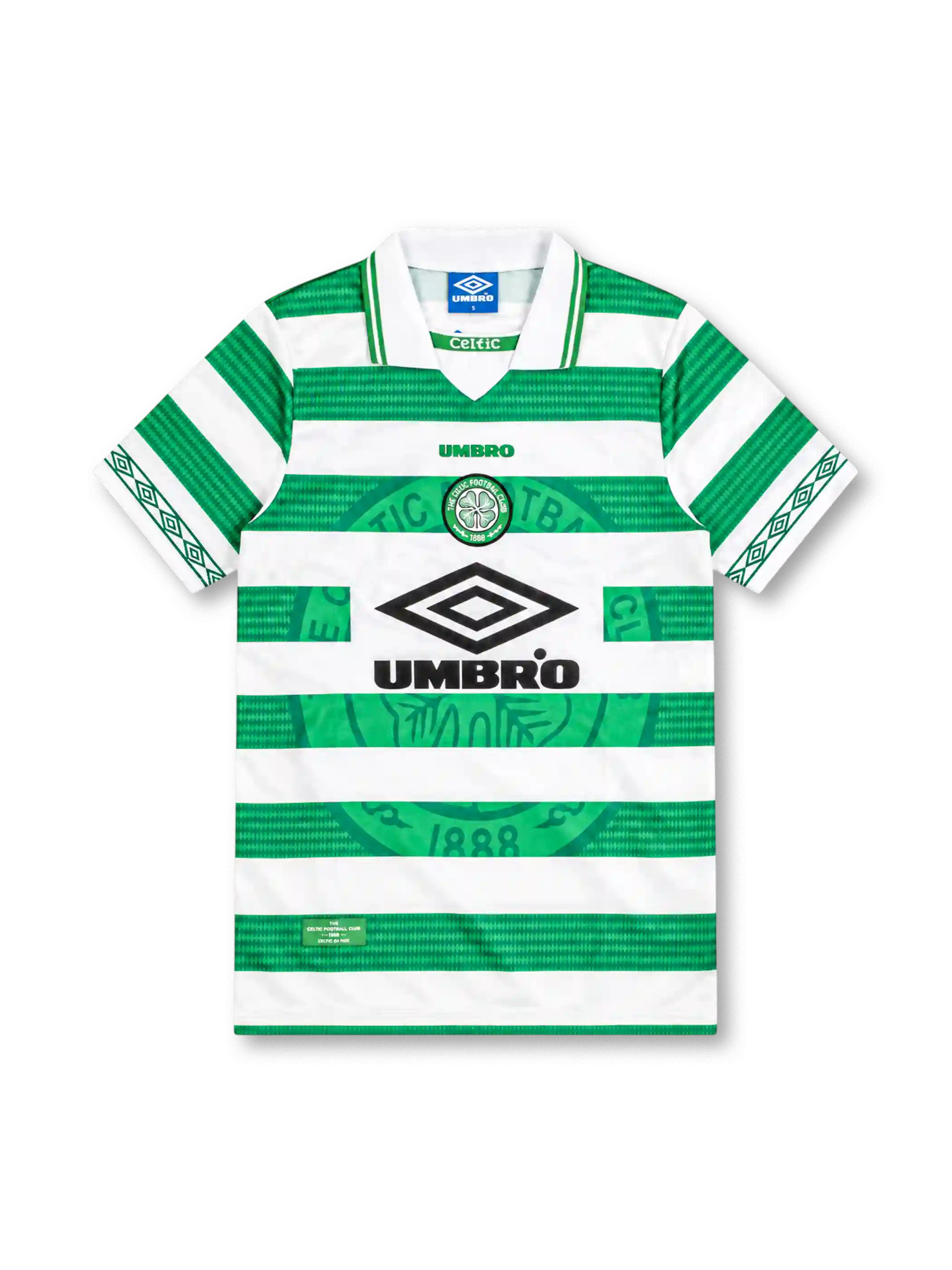 Celtic 1997-99 Umbro home jersey with green and white hoops, textured stripe pattern, oversized tonal Celtic crest, white fold-down collar with green trim, sleeve diamond graphics, and black Umbro sponsor.