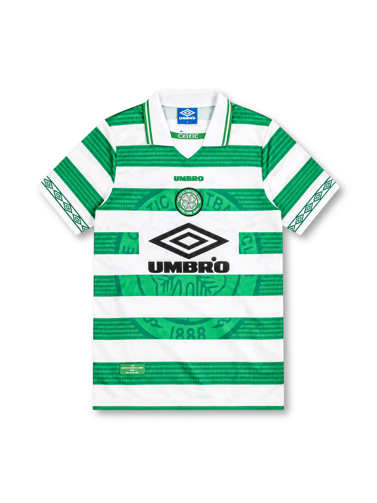 Celtic 1997-99 Umbro home jersey with green and white hoops, textured stripe pattern, oversized tonal Celtic crest, white fold-down collar with green trim, sleeve diamond graphics, and black Umbro sponsor.