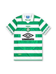 Celtic 1997-99 Umbro home jersey with green and white hoops, textured stripe pattern, oversized tonal Celtic crest, white fold-down collar with green trim, sleeve diamond graphics, and black Umbro sponsor.