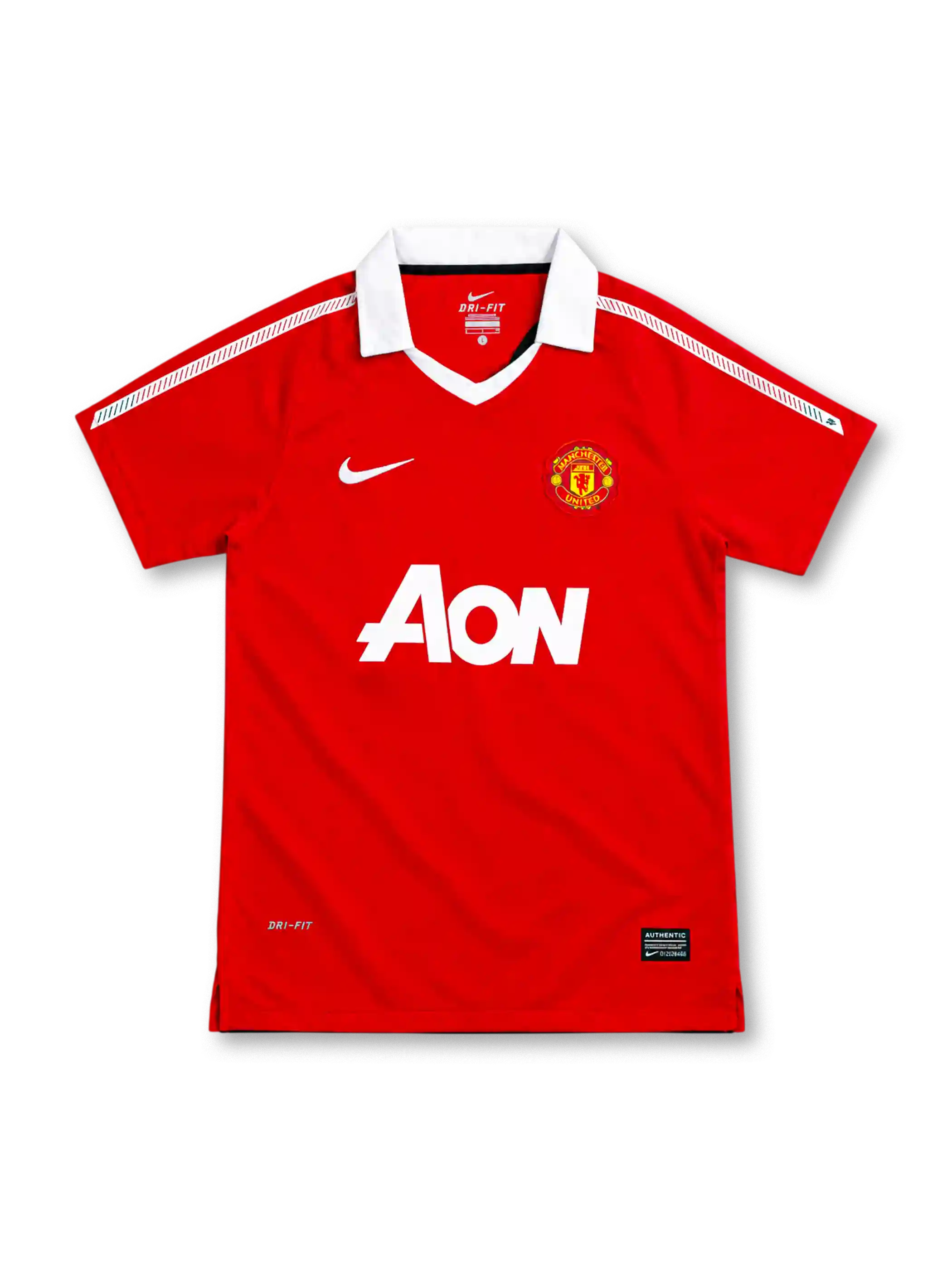 Manchester United 2010/11 red Nike home jersey featuring a white fold-down V-neck collar, patterned white shoulder stripes, white Nike Swoosh, club crest, large Aon sponsor, Dri-FIT branding, and black Authentic-style hem label.