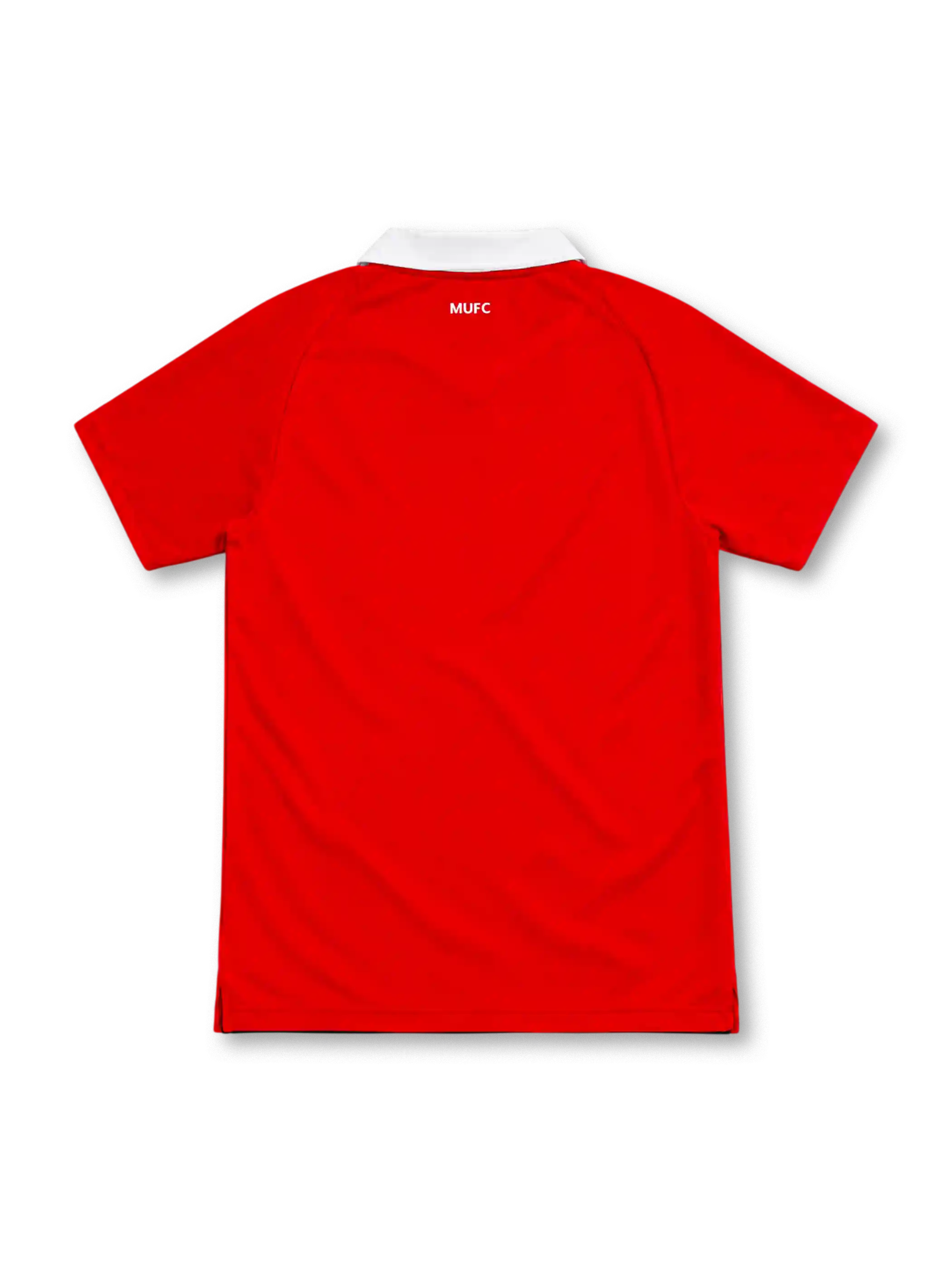 Manchester United 2010/11 red Nike home jersey featuring a white fold-down V-neck collar, patterned white shoulder stripes, white Nike Swoosh, club crest, large Aon sponsor, Dri-FIT branding, and black Authentic-style hem label.