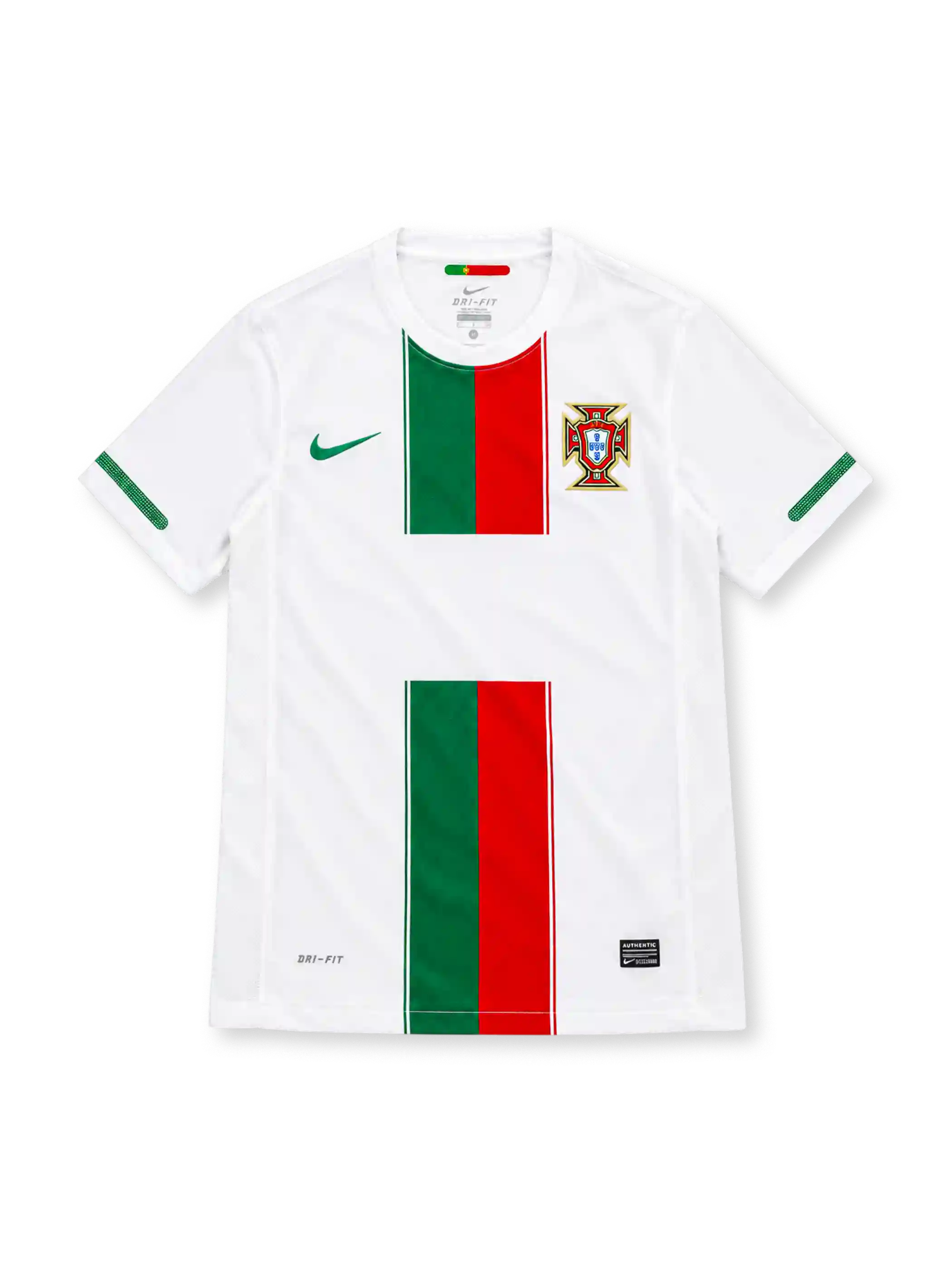 Portugal 2010 white Nike away jersey featuring green and red vertical chest stripes, green Nike Swoosh, Portuguese Football Federation crest, green sleeve detailing, Dri-FIT lettering, and a black Authentic-style hem label.
