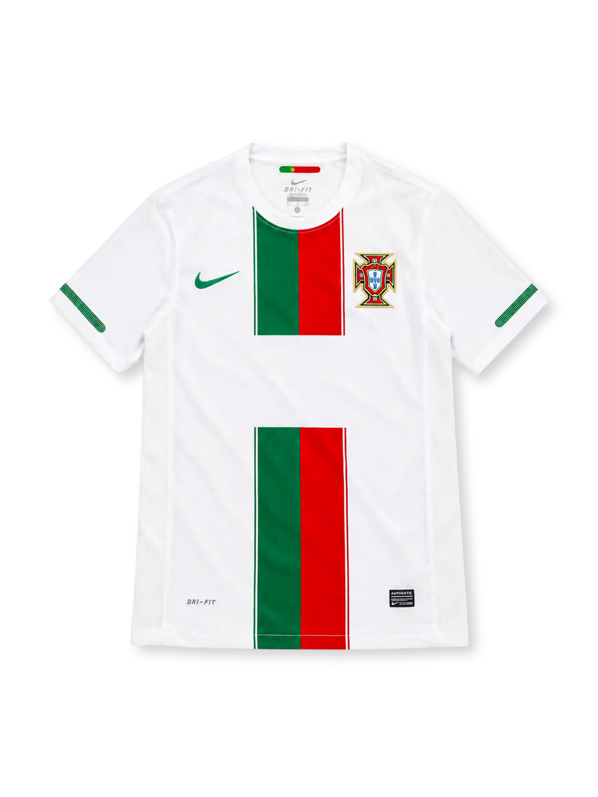 Portugal 2010 white Nike away jersey featuring green and red vertical chest stripes, green Nike Swoosh, Portuguese Football Federation crest, green sleeve detailing, Dri-FIT lettering, and a black Authentic-style hem label.