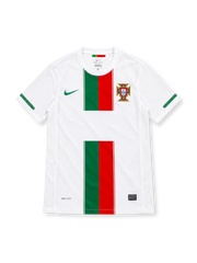 Portugal 2010 white Nike away jersey featuring green and red vertical chest stripes, green Nike Swoosh, Portuguese Football Federation crest, green sleeve detailing, Dri-FIT lettering, and a black Authentic-style hem label.