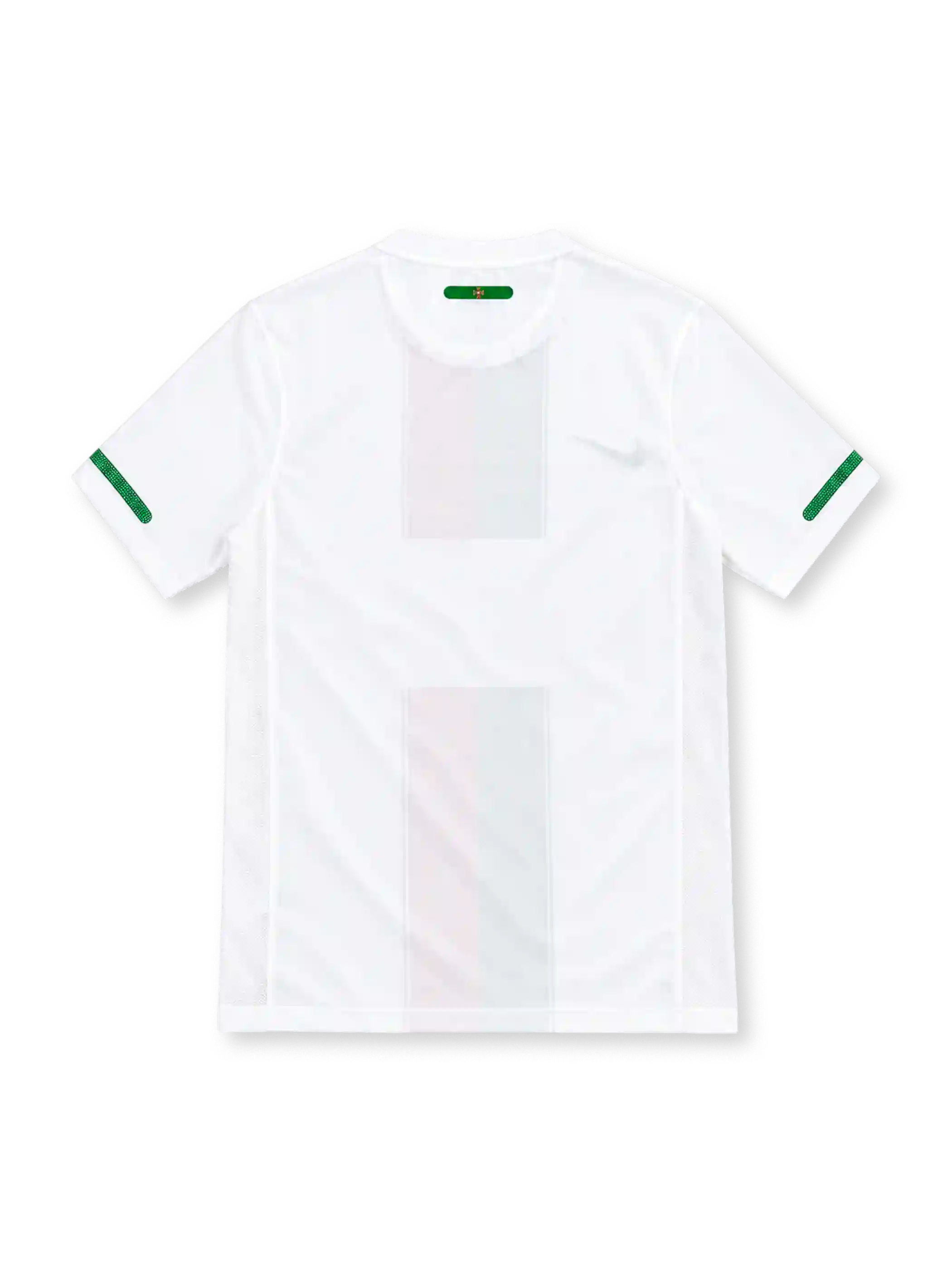 Portugal 2010 white Nike away jersey featuring green and red vertical chest stripes, green Nike Swoosh, Portuguese Football Federation crest, green sleeve detailing, Dri-FIT lettering, and a black Authentic-style hem label.